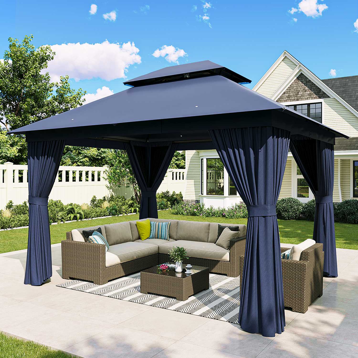 Sunmthink GBSM50U42 12x10FT Softtop Gazebo Metal Frame Double Roof Canopy Heavy Duty Party Tent and Shelter with Mosquito Netting and Privacy Curtains Designed for Backyard Lawn Garden Patio