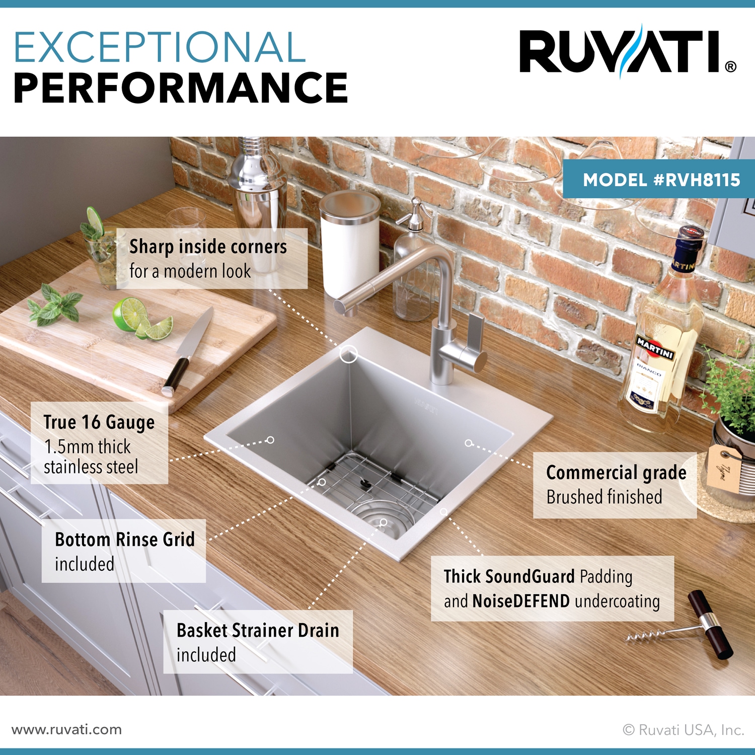 Ruvati 15" Brushed Stainless Steel Drop-In Bar Sink