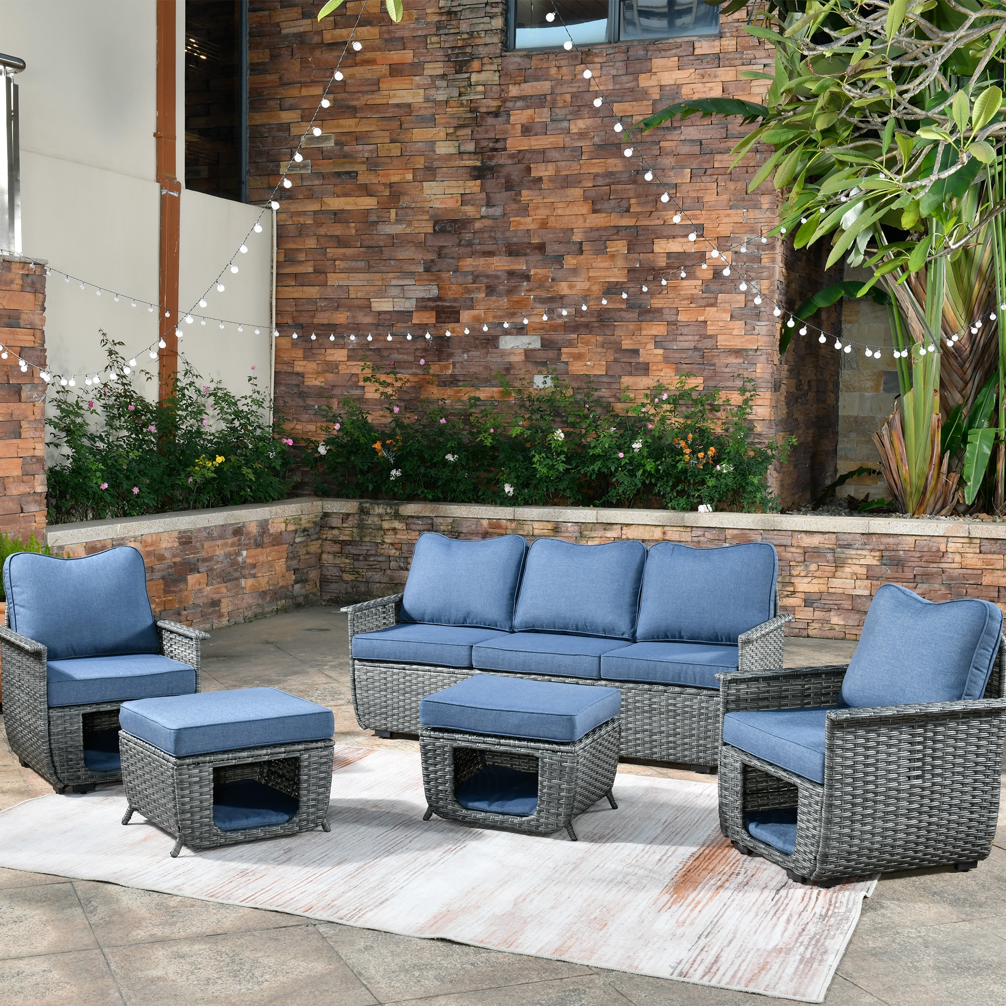 Ovios Nature 5-Piece Rattan Patio Sofa Conversation Set with Blue ...