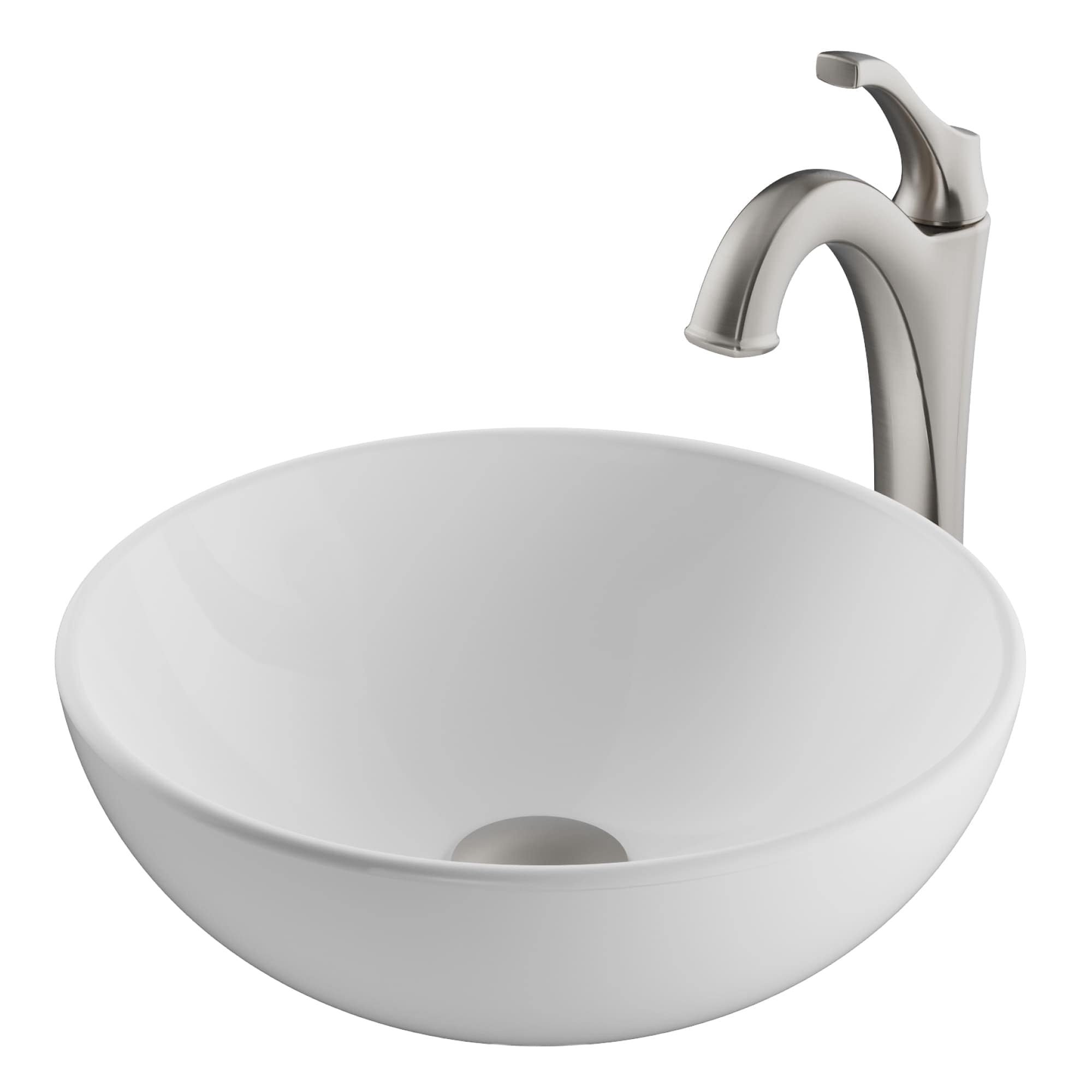 Kraus  Elavo 14-inch Round White Porcelain Ceramic Bathroom Vessel Sink and Spot Free Arlo Faucet Combo Set with Pop-Up Drain in Stainless Brushed Nickel Finish