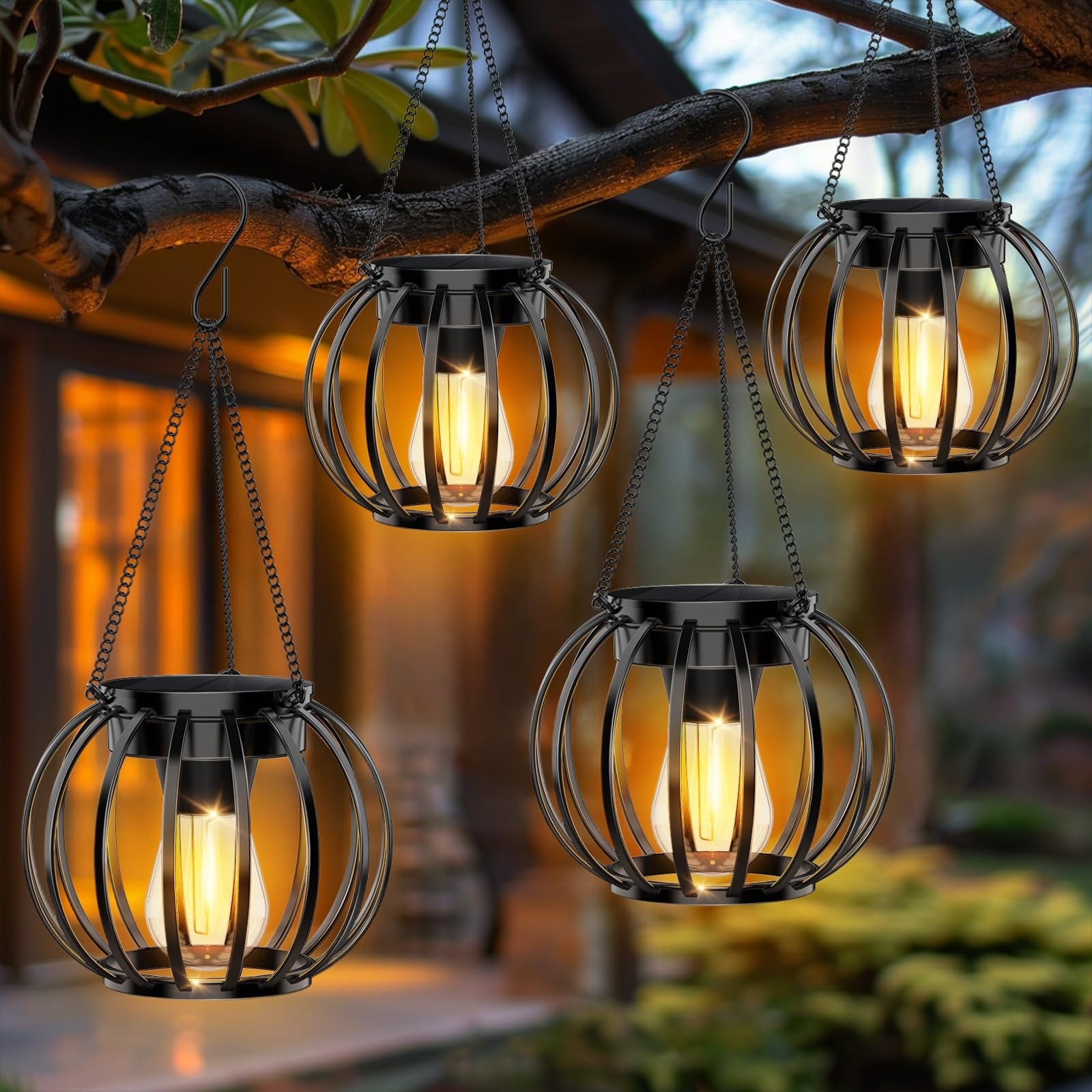 Anqtovp  Solar Lanterns Outdoor Waterproof 4 pack Metal Hanging LED Lights for Garden Patio Yard Pathway Tabletop Tree Decor Warm White