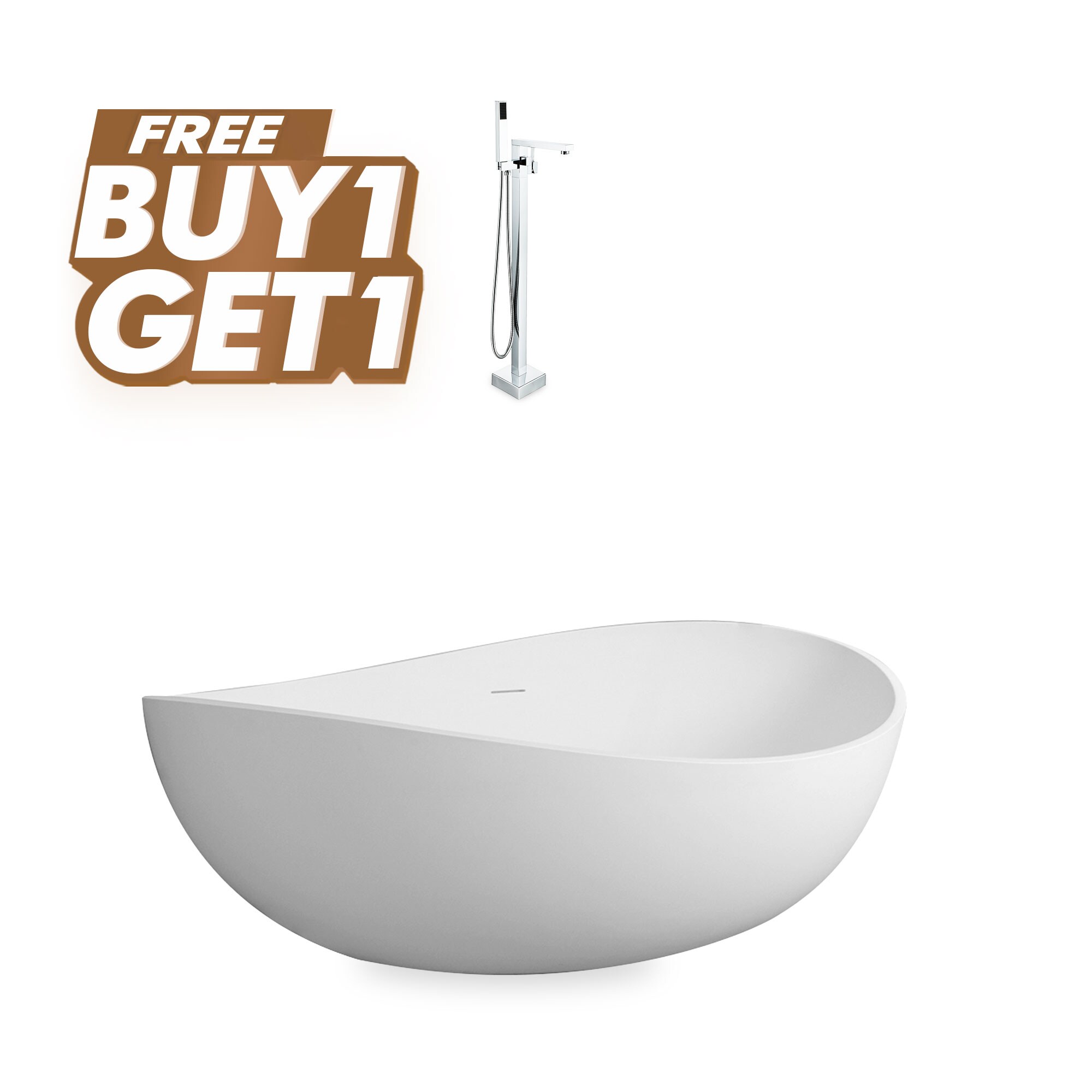 Matte White Solid Surface Freestanding Soaking Bathtub, 63-inch