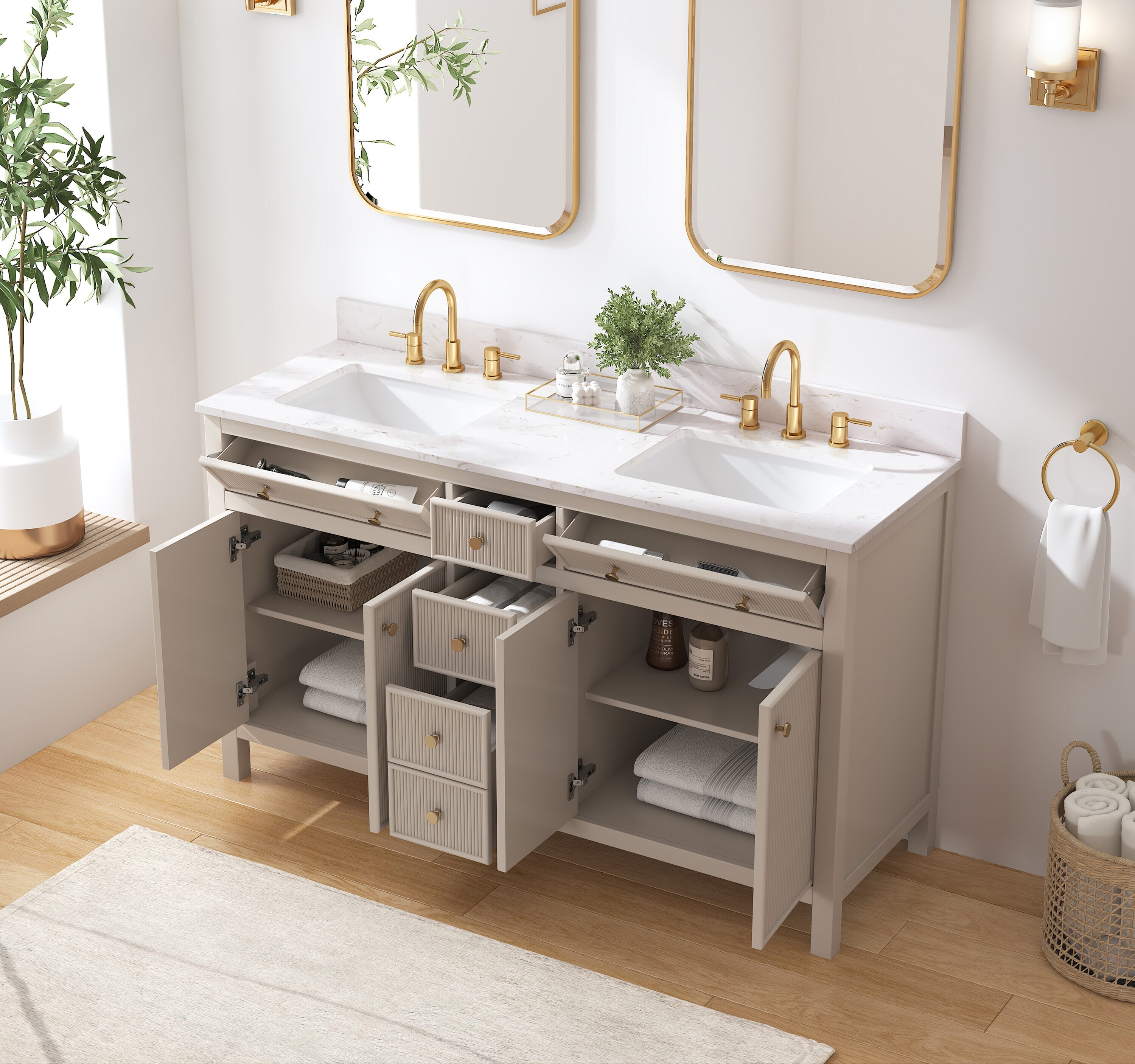 allen + roth Sandbanks 60-in Greige Undermount Double Sink Bathroom Vanity with White Engineered Stone Top
