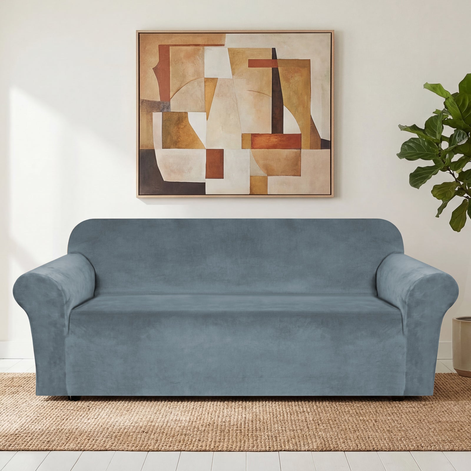 H.Versailtex - 1-piece stretch velvet slipcover XL Sofa 1-Piece Cover Stone Blue