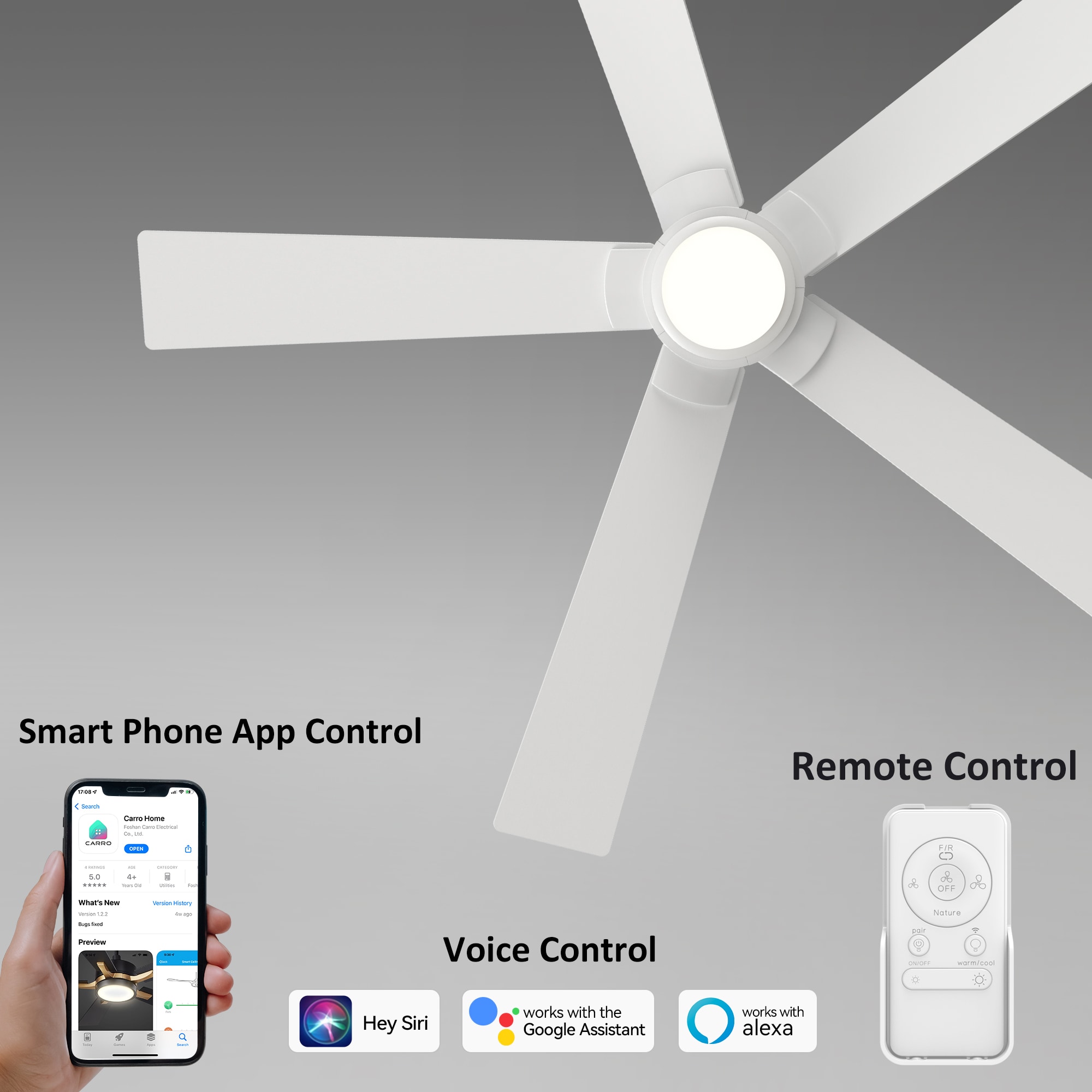 CARRO USA Aspen 56-in White Indoor/Outdoor Smart Ceiling Fan with Light and Remote (5-Blade) LS565J1-L11-W1-1 Sansujyuku sansujyuku.com