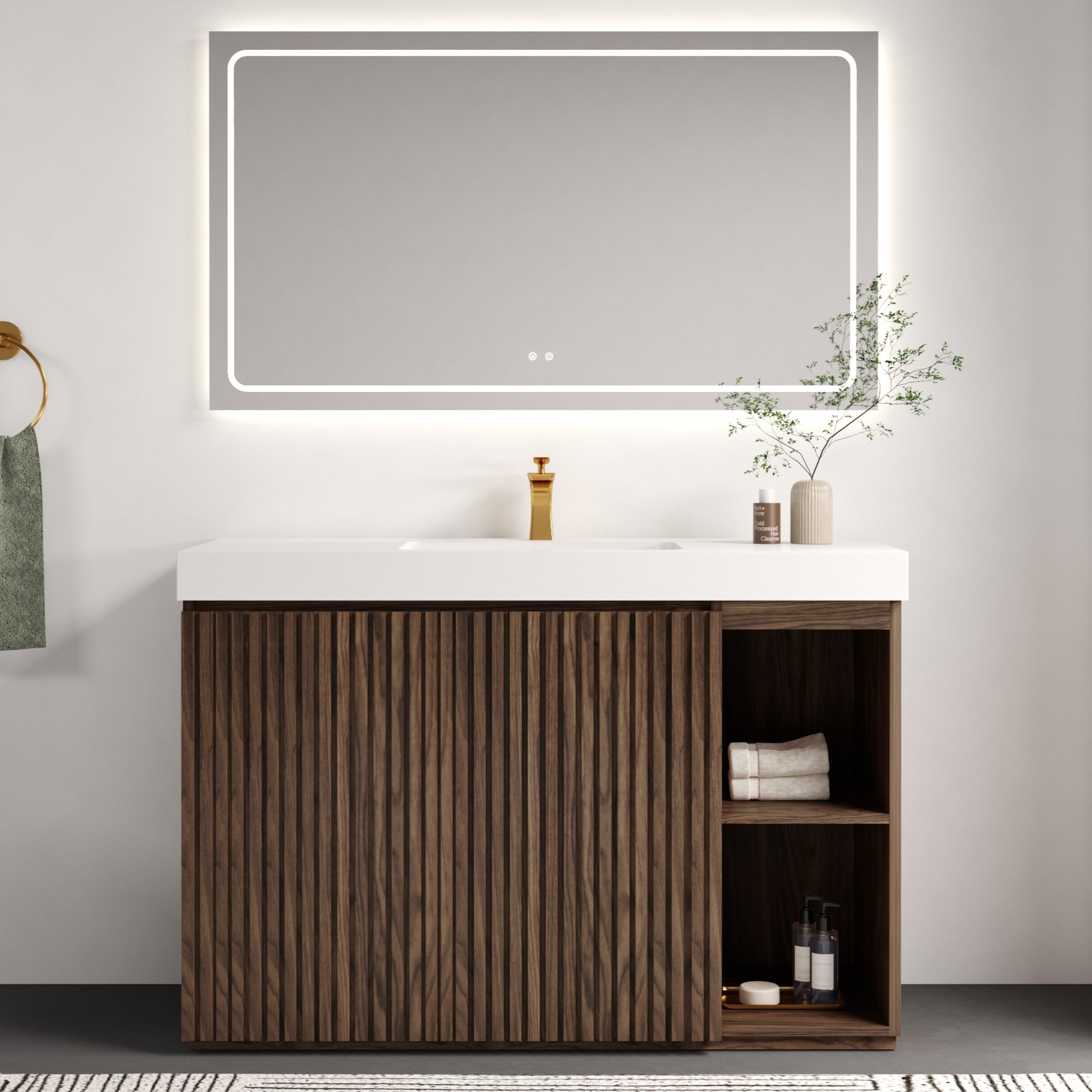 GDFStudio Galan 48-inch Modern Freestanding Bathroom Vanity with Sink and Fluted Soft-Close Doors with Adjustable Shelving - Winston Walnut+White