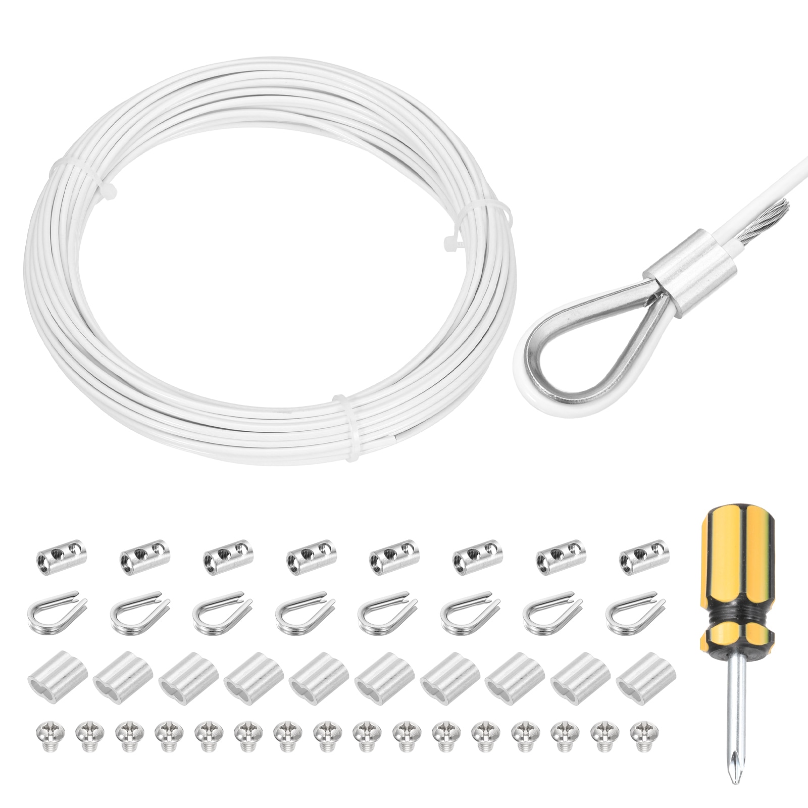 Unique Bargains 1Set 49ft Wire Rope 304 Stainless Steel Cable 3/32 inch 2mm Vinyl Coated with Cable Clamp Aluminum Sleeves and Thimble for Railing Decking Hanging Clothes Lines White 15m #S26073000UX8156