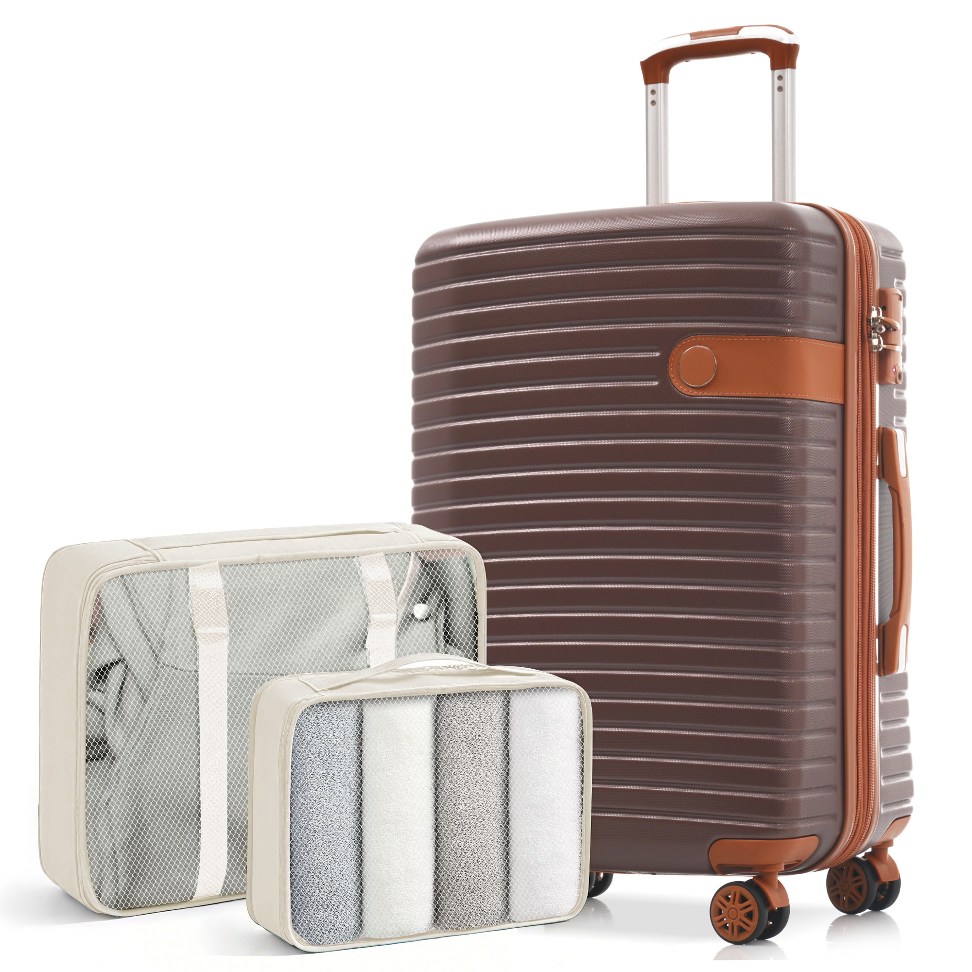 ModernLuxe L3P-N730P323336D 24Inch Hardshell ABS Luggage Lightweight Expandable Checked Suitcase with Spinner Wheels TSA Lock 2 Packing Cubes Brown