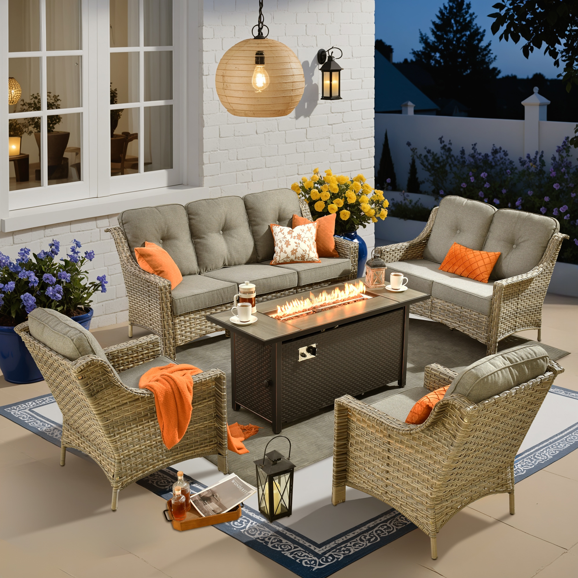 XIZZI XIPADF2044-IFP54 Pyrophyllite 5 -Piece Rattan Patio Sofa Conversation Set with Dark Gray Cushions
