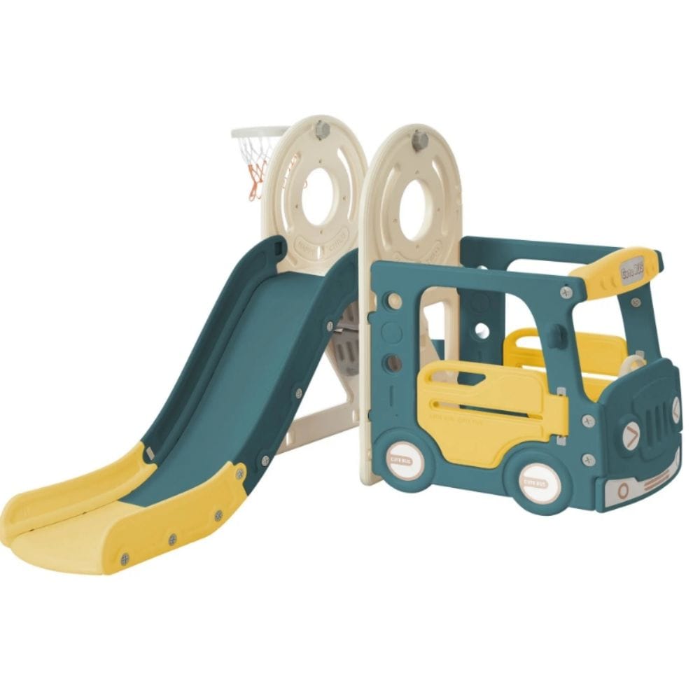 Siavonce Kids Slide with Bus Play Structure, Freestanding Bus Toy with Slide For Toddlers, Bus Slide Set with Basketball Hoop #XHINHAY