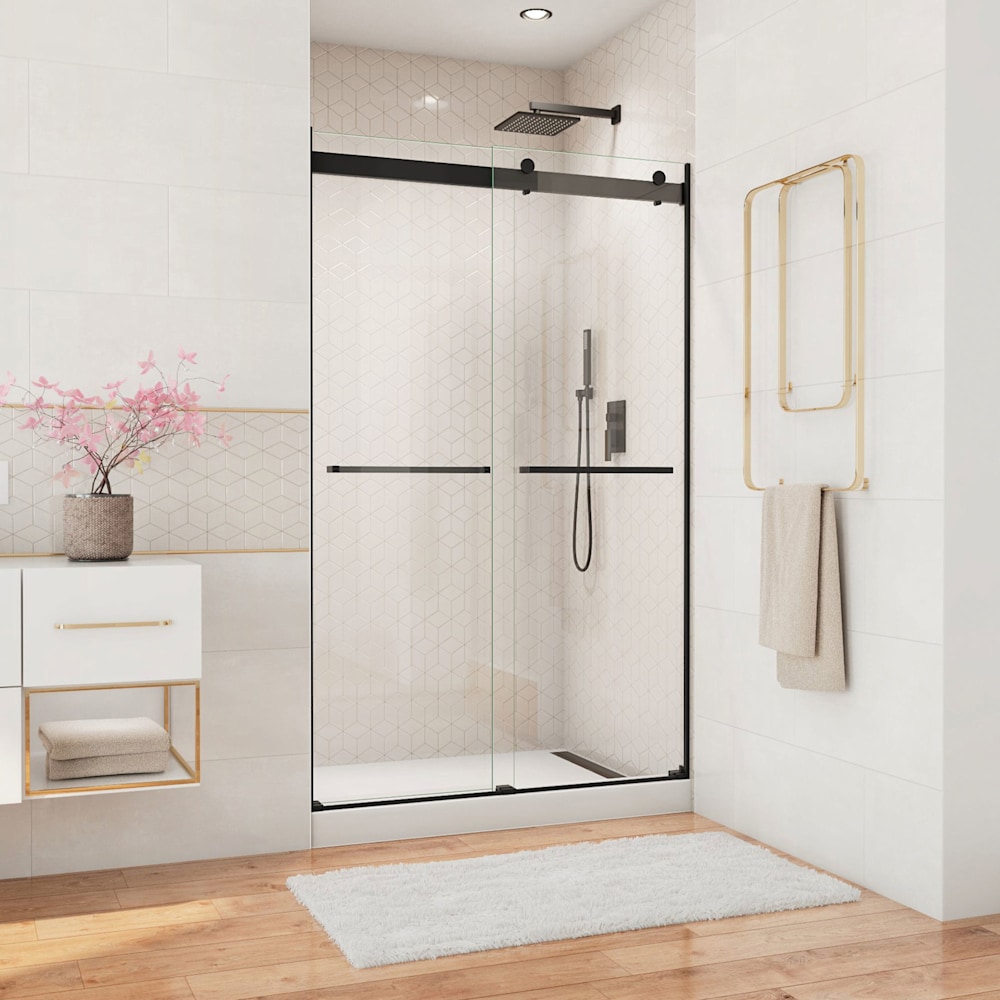 DreamLine Essence Matte Black 44-in to 48-in W x 76-in H Frameless Clear Glass Bypass Sliding Shower door