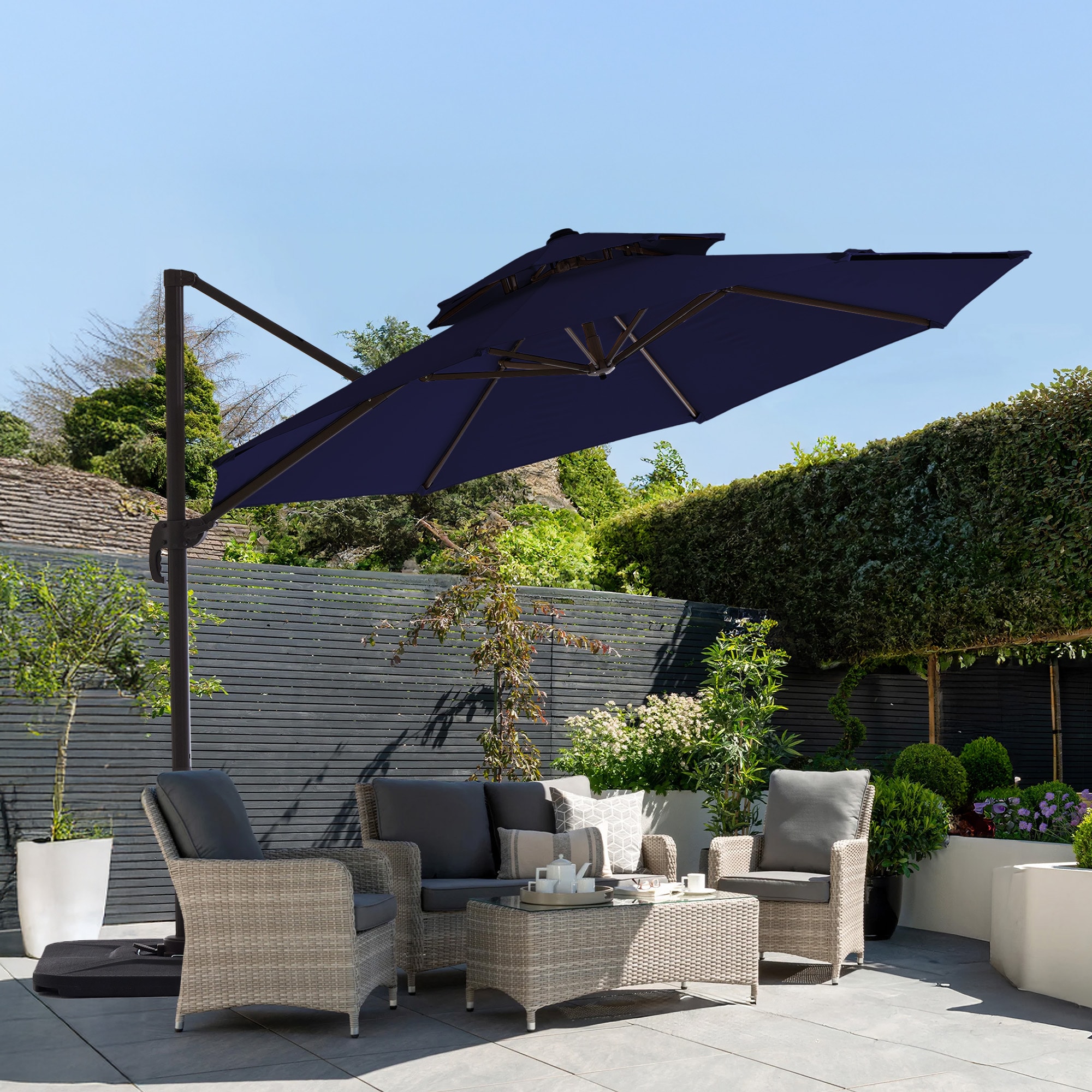 JEAREY JE-10JDP-GRAY 10-ft Aluminum Navy Crank Cantilever Patio Umbrella with Base