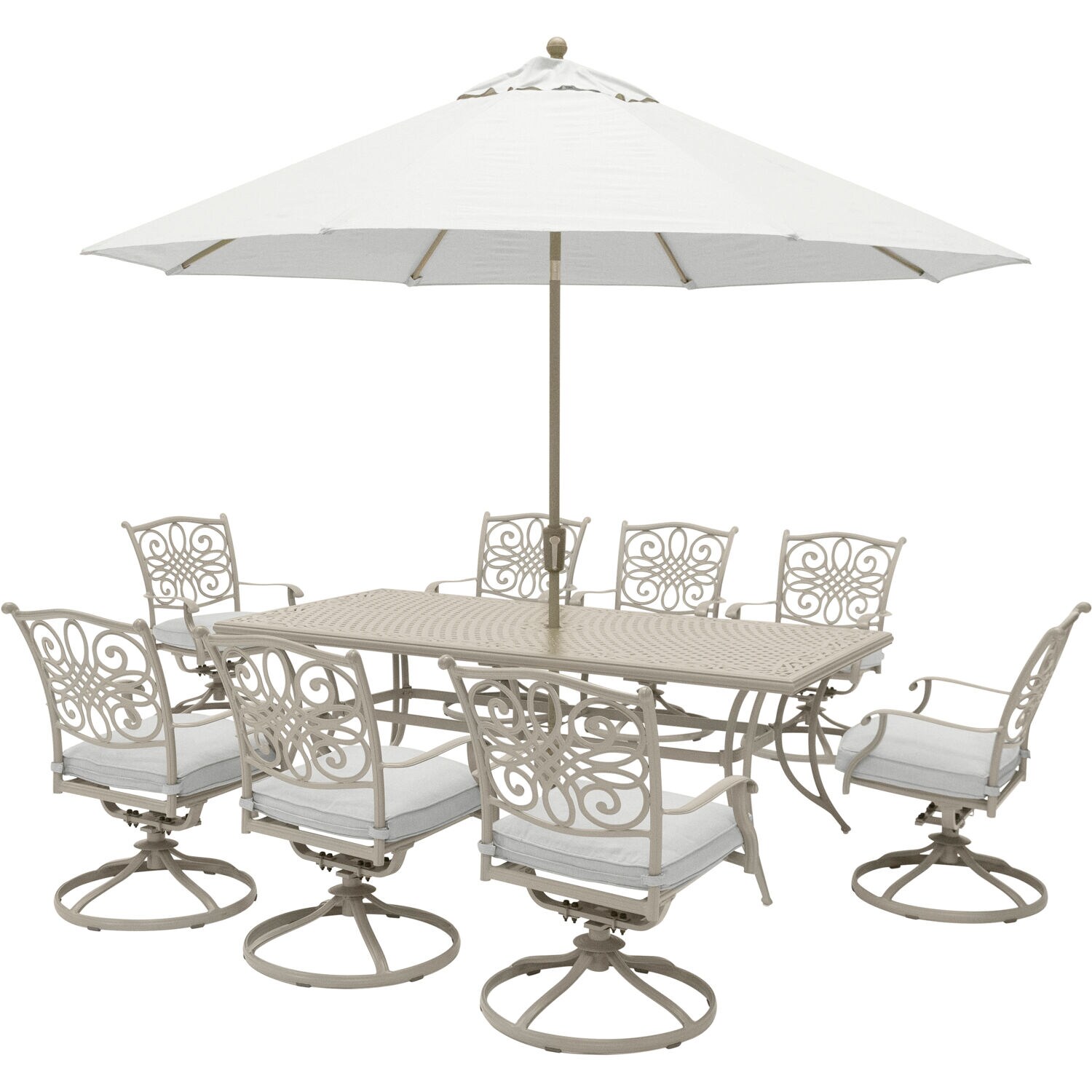 Hanover TRADDNSD9PCSW8-BE-SU Traditions 10-Piece Off-white Patio Dining Set Aluminum Rectangle Table with 8 Off-white Cushions Swivel Rocker Chairs