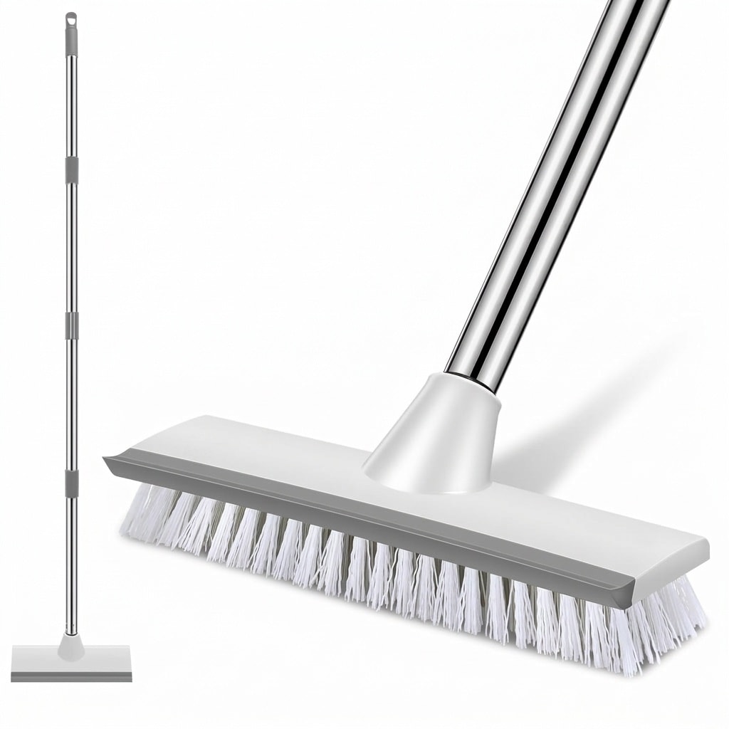 Anqtovp  2 in 1 Floor Scrub Brush with Scraper Adjustable 26.5 to 51 Inch Handle Stiff Bristles for Tile Tub Shower Deck Patio Kitchen 1 Piece