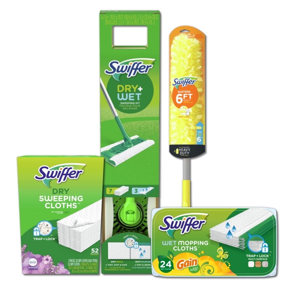 Swiffer Sweeper Dry and Wet Starter Kit for Floor Mopping and Cleaning, All  Purpose Cleaner, Includes: 4 Dry Heavy Duty Cloths, 3 Wet Heavy Duty Pads