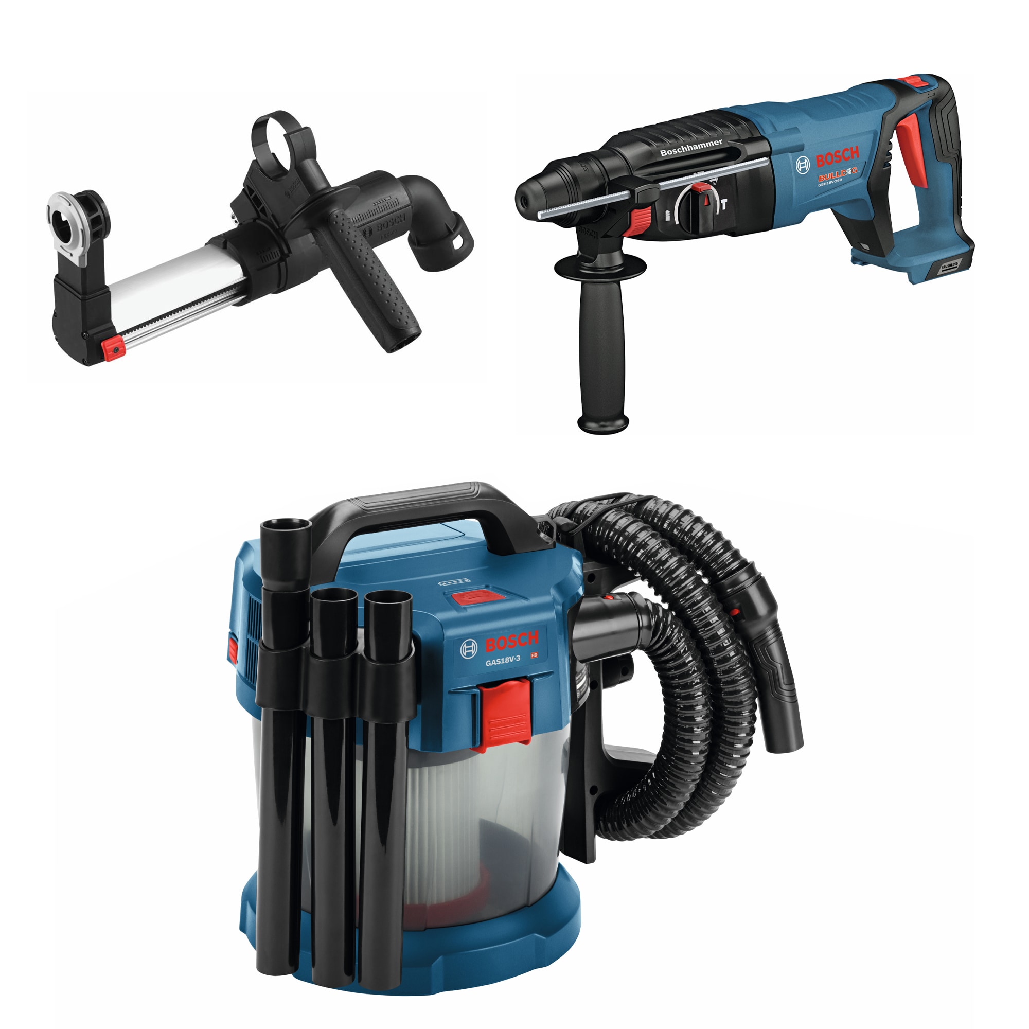 Bosch GBH18V-26DN 18V Brushless SDS-plus Bulldog™ 1 In. Rotary Hammer (Bare Tool), HDC100 SDS-Plus Dust Collection Attachment, and GAS18V-3N 18V