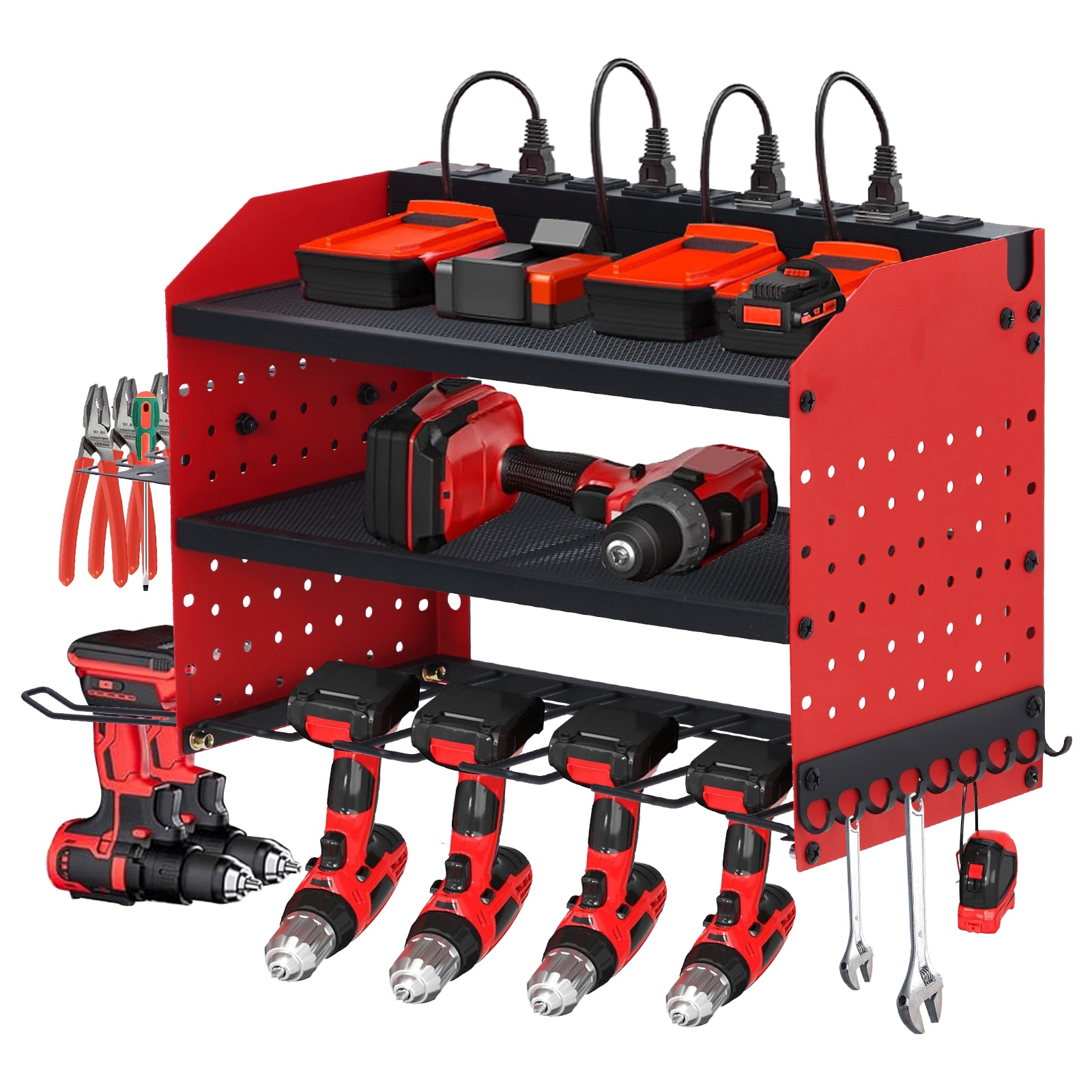 Garvee Power Tool Organizer Wall Mount with Charging Station Heavy Duty 3 Layer Garage Rack with 8 Outlets 4 Drill Storage Shelf with Hooks Drill Bit Shelf Battery Storage Holder for Garage Workbench