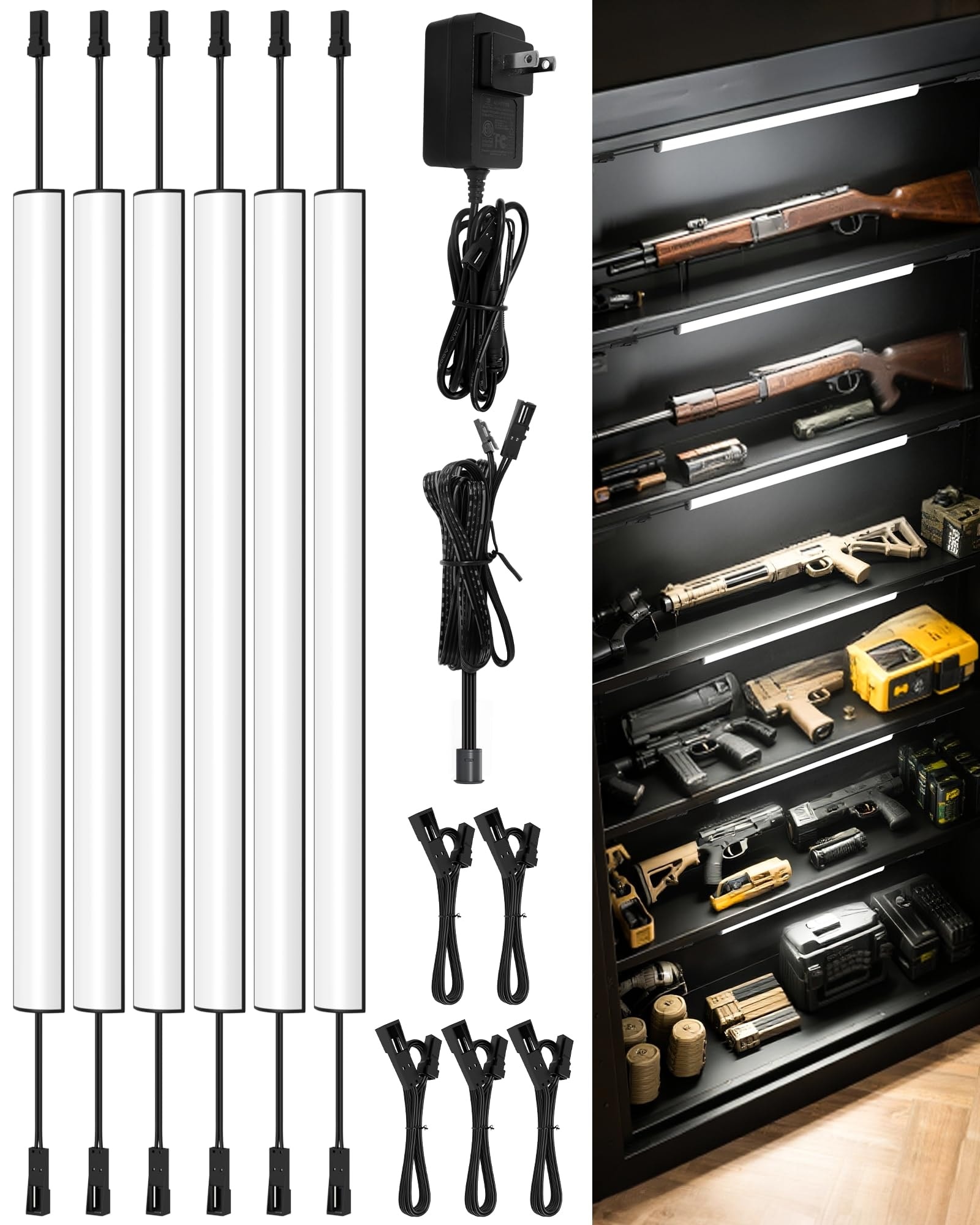 AOIZGMY  6 Pack 12 Inch Linkable Motion Activated Under Cabinet Lighting Kit 1600 Lumen 6000K Cool White for Gun Safe Closet Toolbox with 24V Adapter