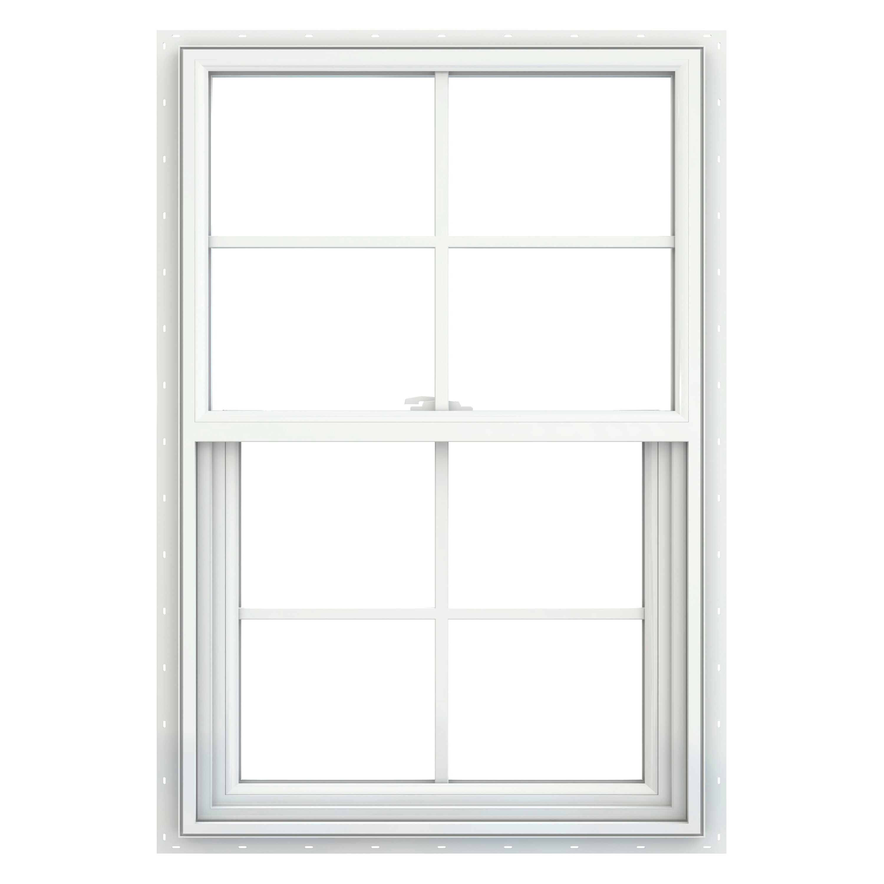 JELD-WEN LOWOLVYSHDL2233 V-2500 21-1/2-in x 32-1/2-in White Exterior Vinyl New construction Single Hung Window Low-E argon Double Pane Glass with Grids, (Half Screen Included)