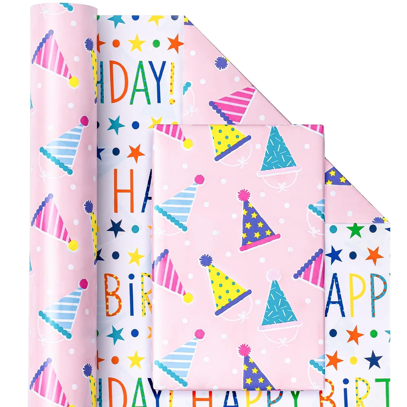 Etokfoks 30 in x 33 ft Reversible Pink Happy Birthday Wrapping Paper ...