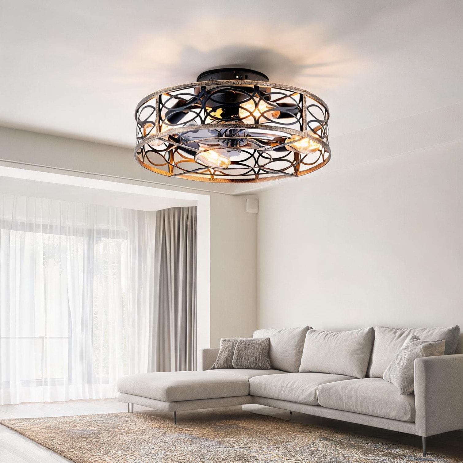 Watnature Indoor Caged Ceiling Fan with Light and Remote Blush+Gold 20 Inch 6-Speed Reversible Motor Farmhouse Flush Mount