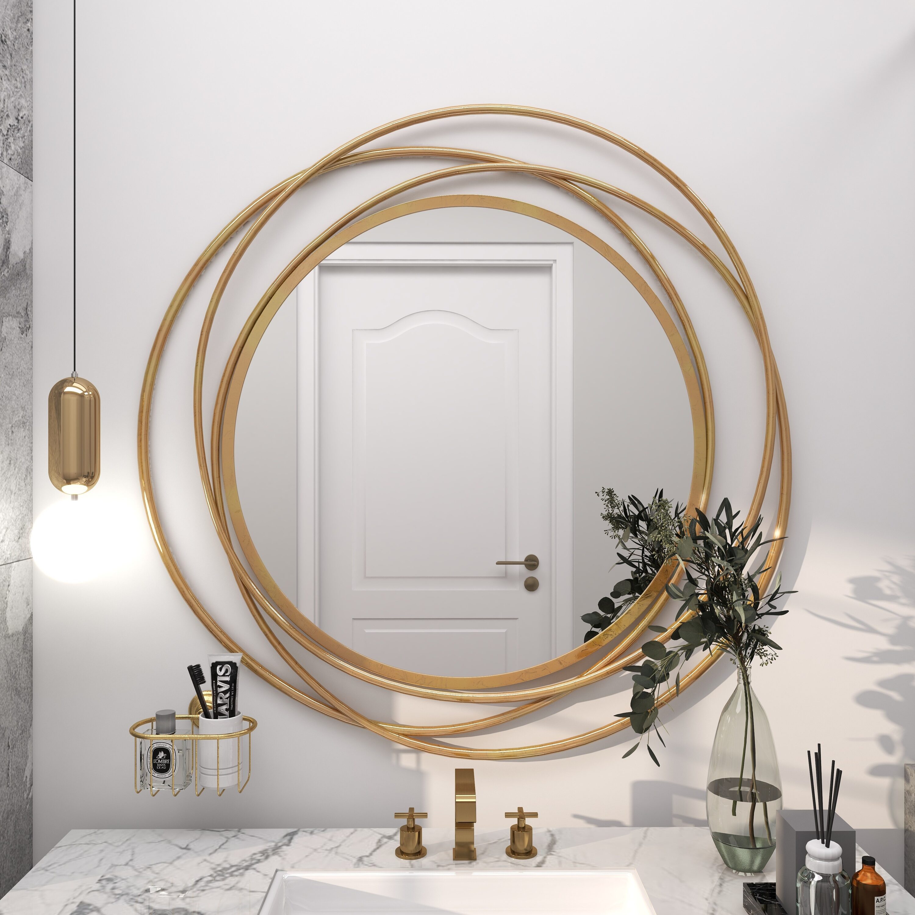 Grayson Lane 41-in W x 41-in H Round Gold with Overlapping Circles and  Foiled Finish Framed Wall Mirror in the Mirrors department at