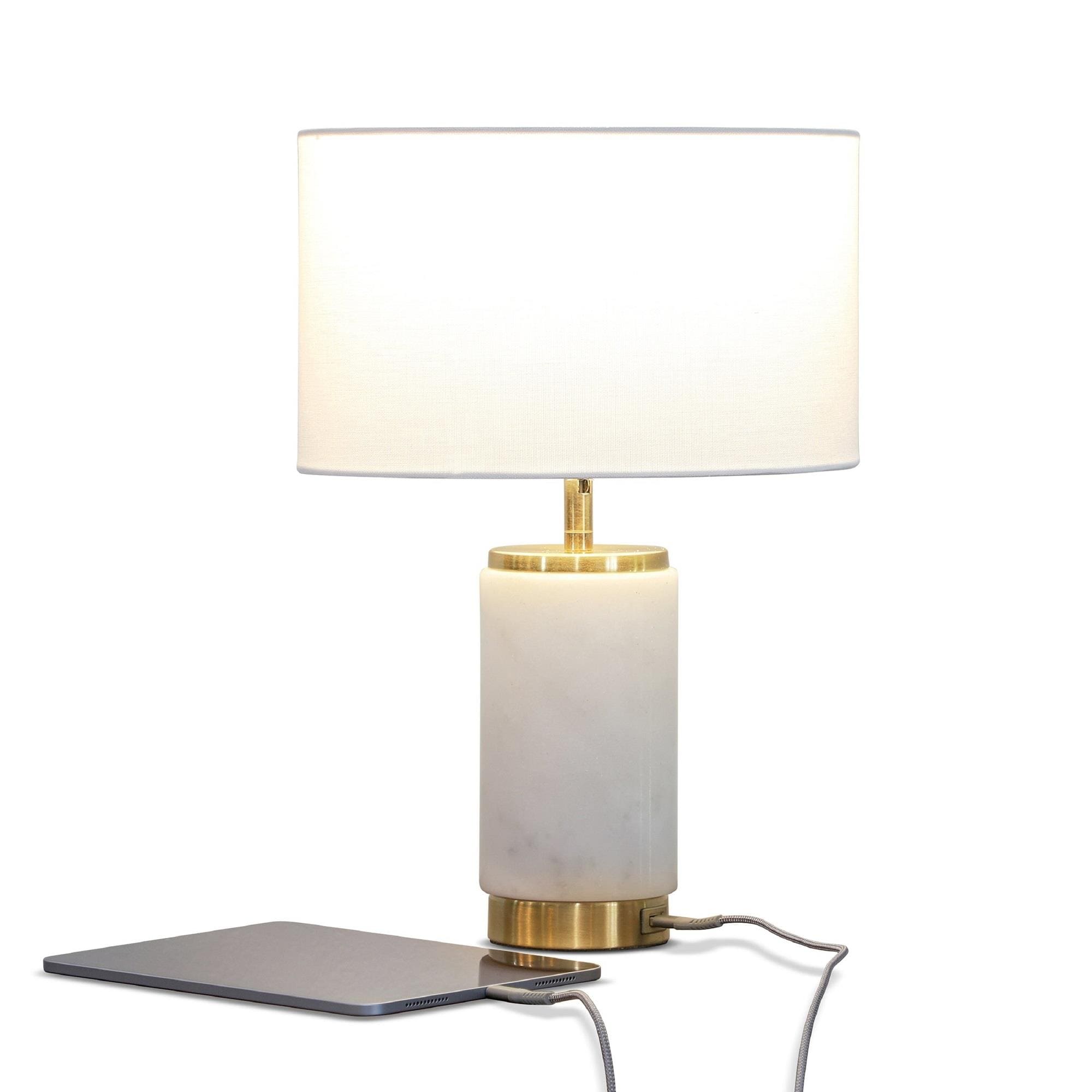 White Marble LED Table Lamp with USB Port and Brass Accents