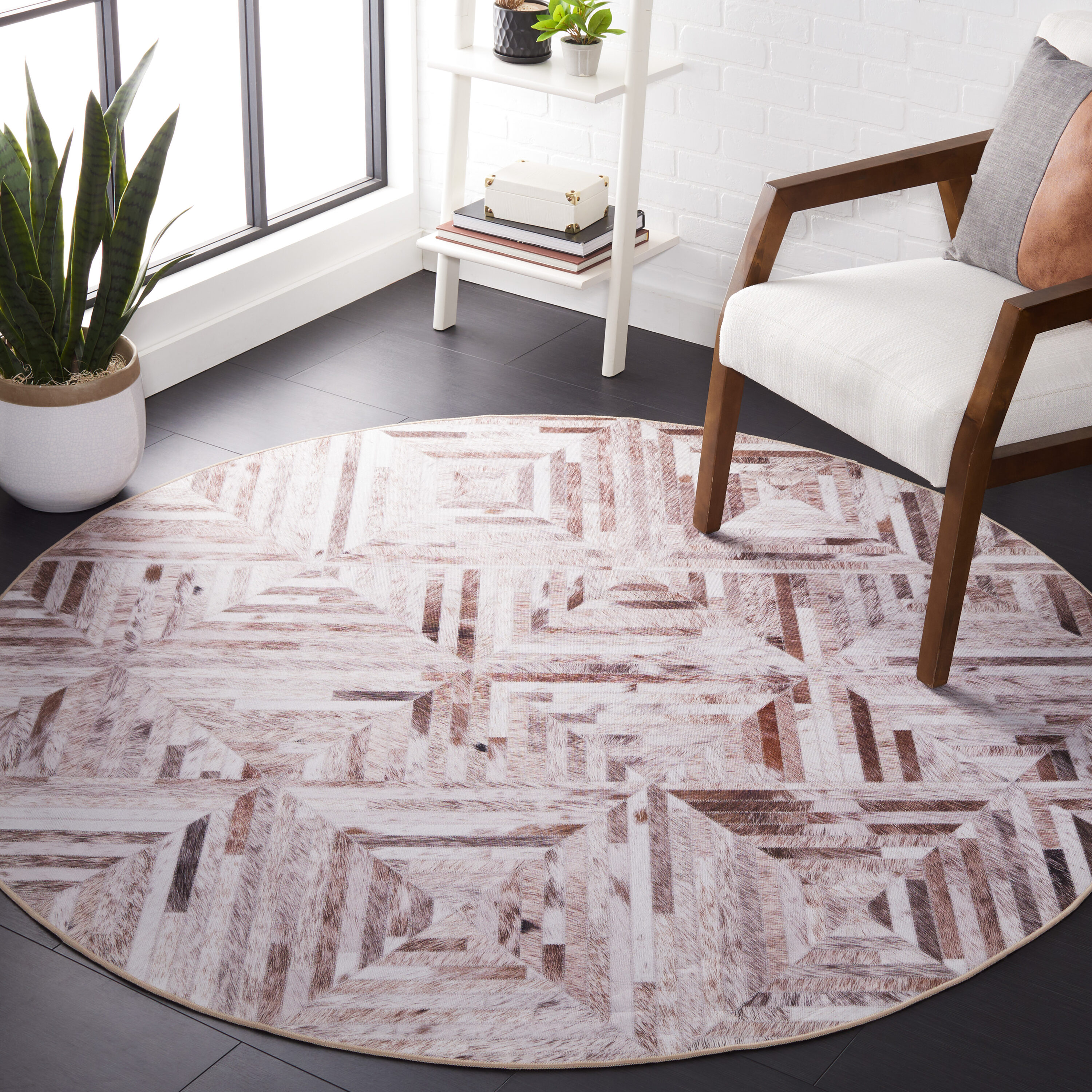 Faux Hide 549A Beige Brown Machine Washable/Slip Resistant 6ft x 6ft Contemporary Rug