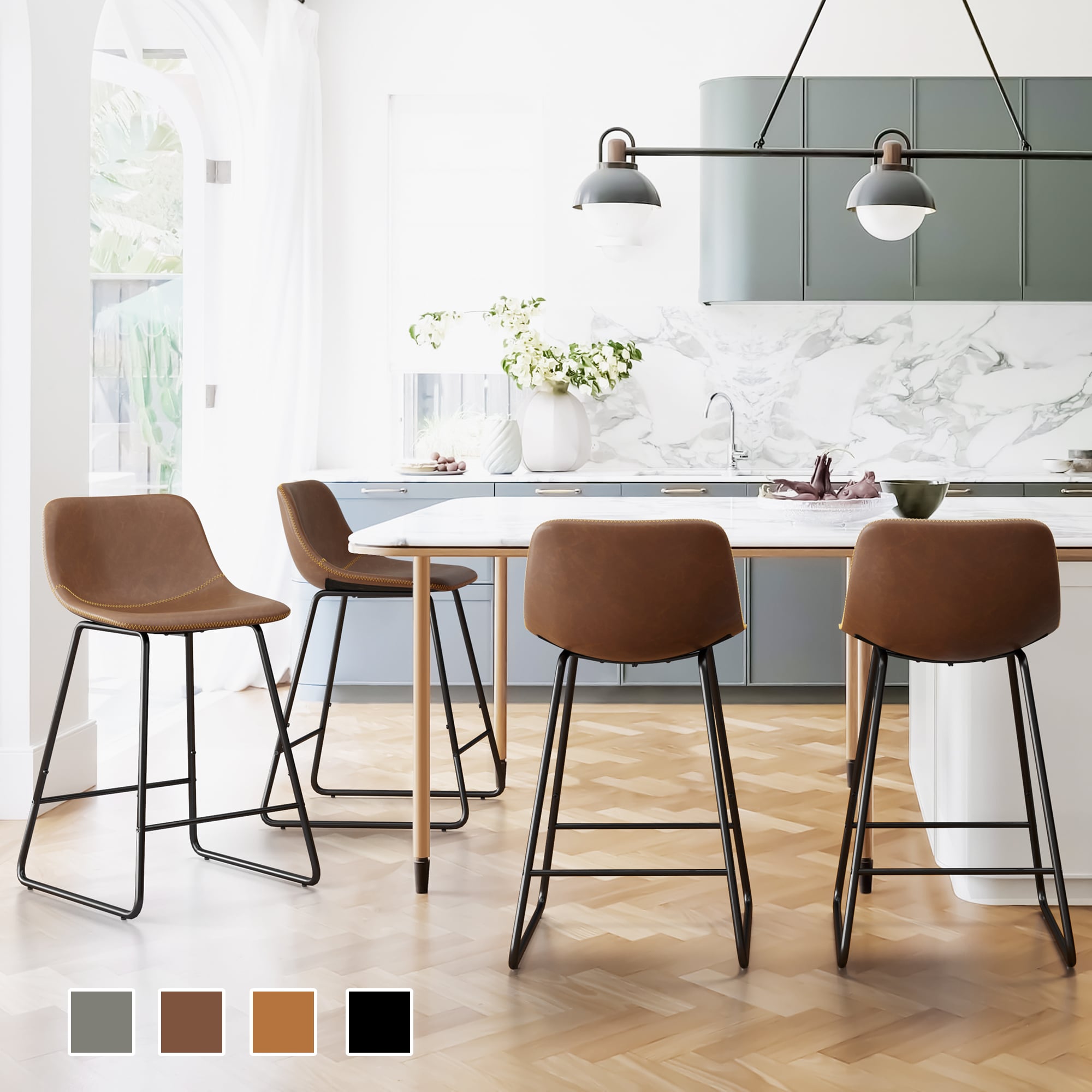 LUE BONA YLSD-DB-4 Set of 4 Dark Brown 24-in H Counter height (24-in to 27-in) Bucket Seat Upholstered Metal Back Bar Stool Back