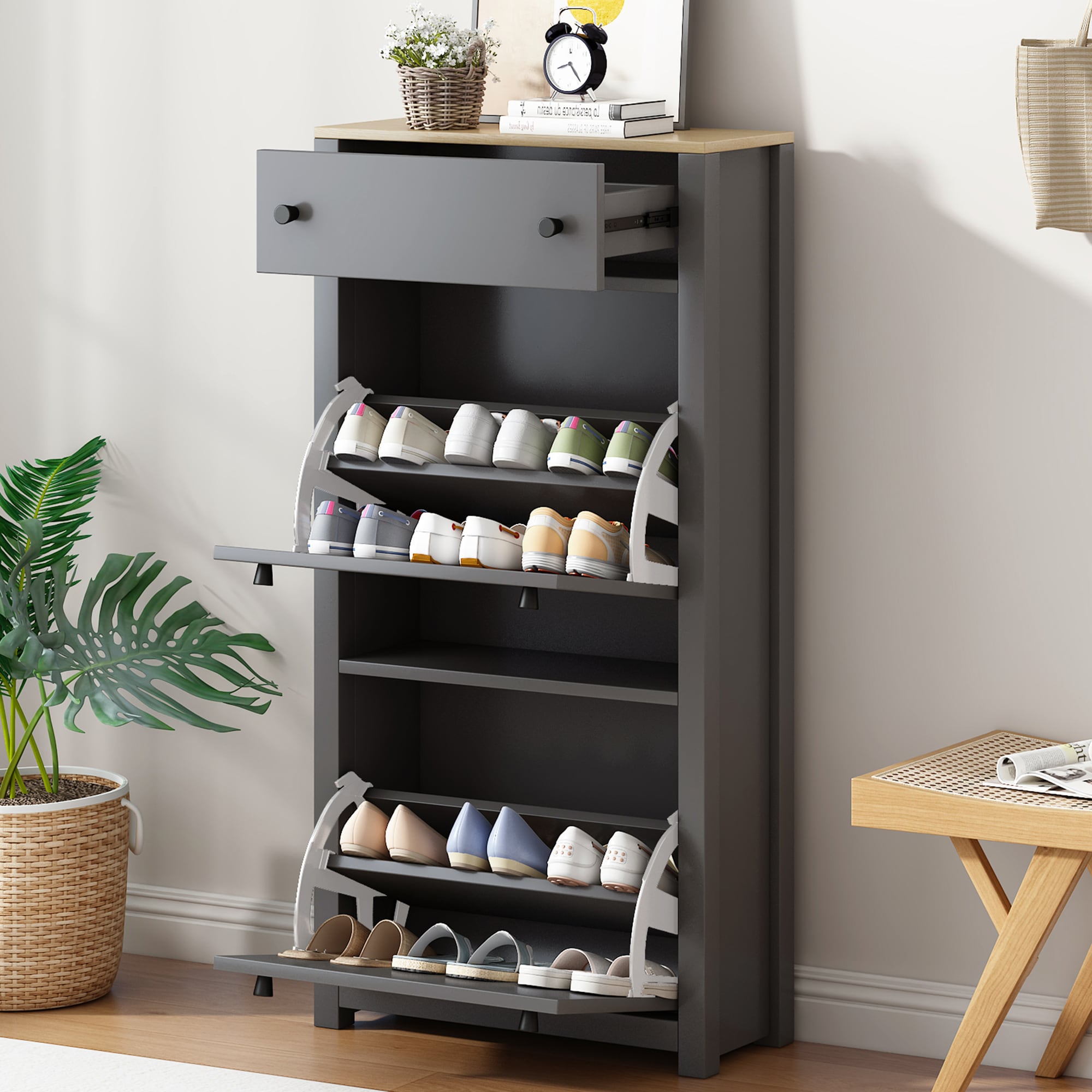 ModernLuxe WF308547AAE Functional Entryway Organizer with 2 Flip DrawersWood Grain Pattern Top Shoe Cabinet with DrawerFree Standing Shoe Rack with Adjustable Panel for HallwayGrey