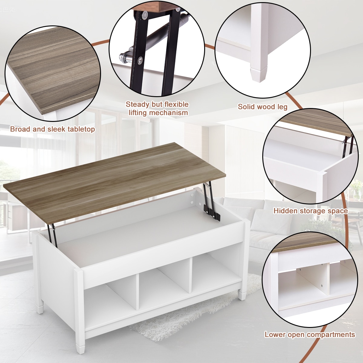 Contemporary White and Brown Rectangular Lift-Top Coffee Table with Storage