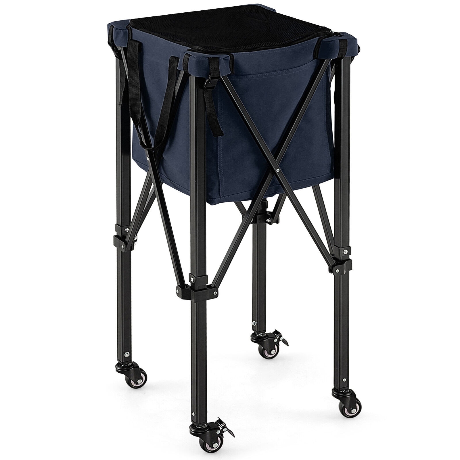 Slickblue Foldable Lightweight Blue/Red Tennis Ball Cart with Large Capacity Bag and Locking Wheels for Court Training Club or School Use