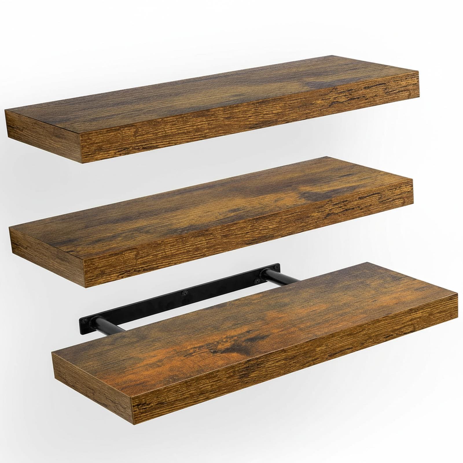 Baginizer  Floating Shelves Wall Mounted Set of 3 Decorative Storage Organizer for Bathroom Living Room Bedroom Kitchen Sturdy Metal Brackets MDF Laminate