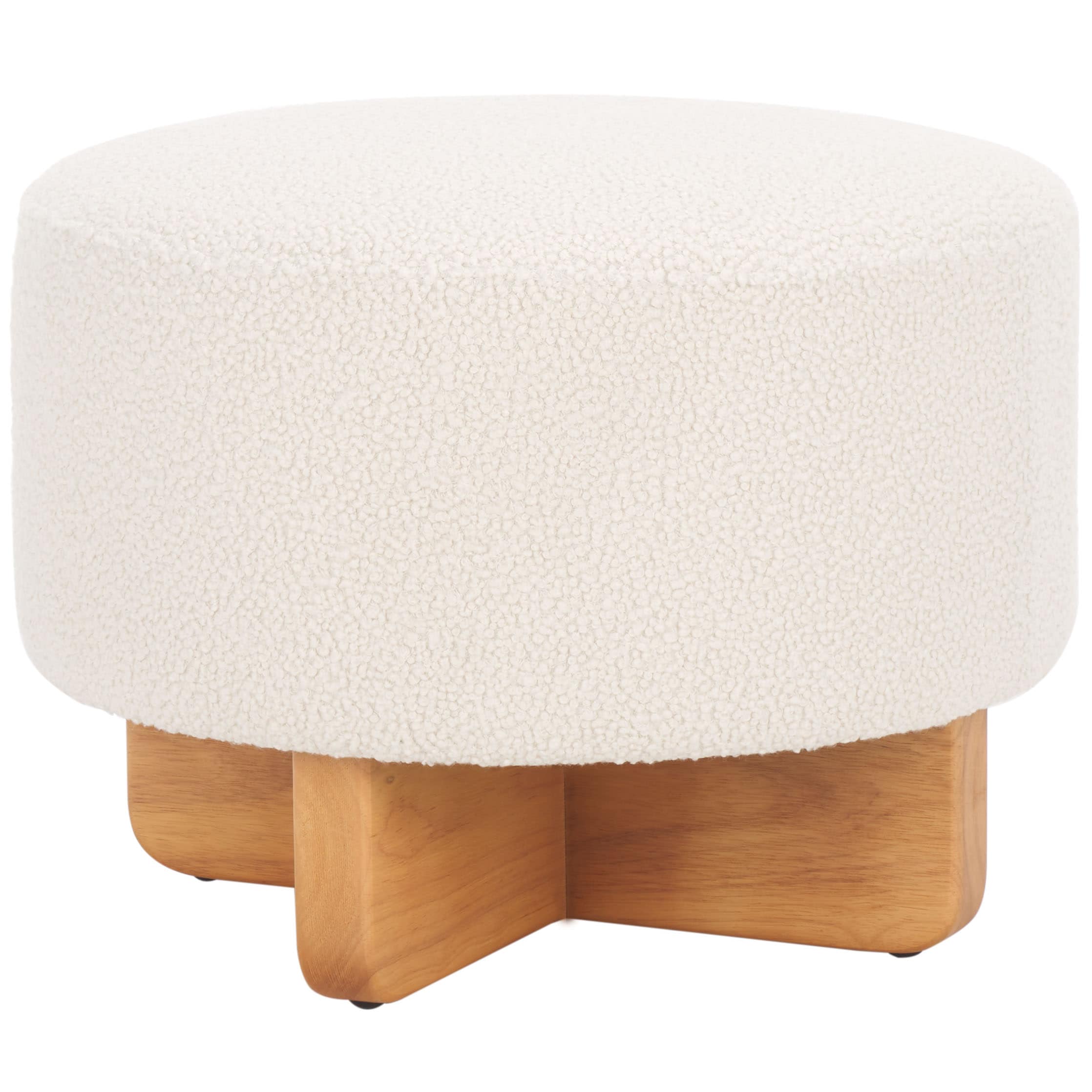 Riah Off White Boucle Round Ottoman with Natural Wood Base