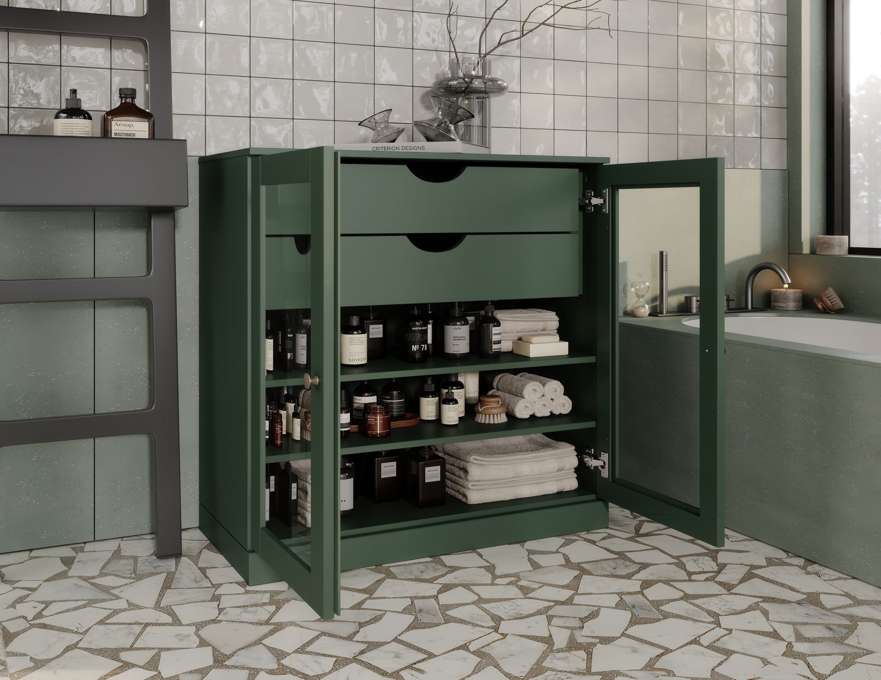 Palace Imports 32-in W Solid Wood Short Clear Glass Bathroom Linen Laundry Room Storage Cabinet with 2 Drawers