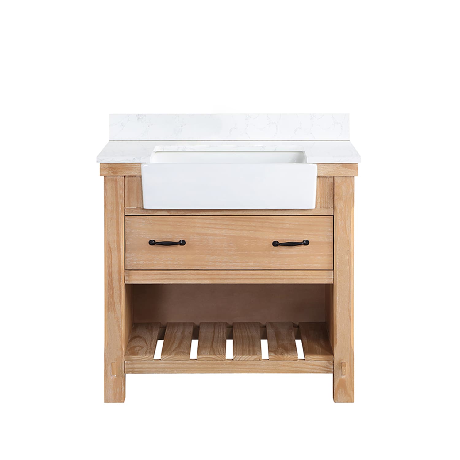 Vinnova 36-in Weathered Pine Finish Farmhouse Single Sink Bathroom Vanity with White Engineered Stone Top
