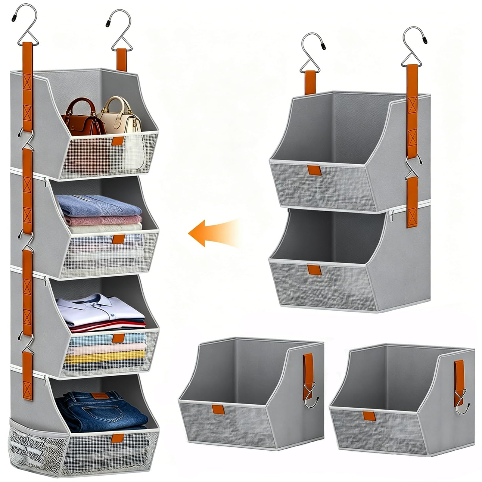 Phyfalip  Fabric Four Tier Hanging Closet Organizer Heavy Duty Shelf Storage Towel Clothes Sweater Jeans Bag Organizer for Closet Bedroom Dorm RV