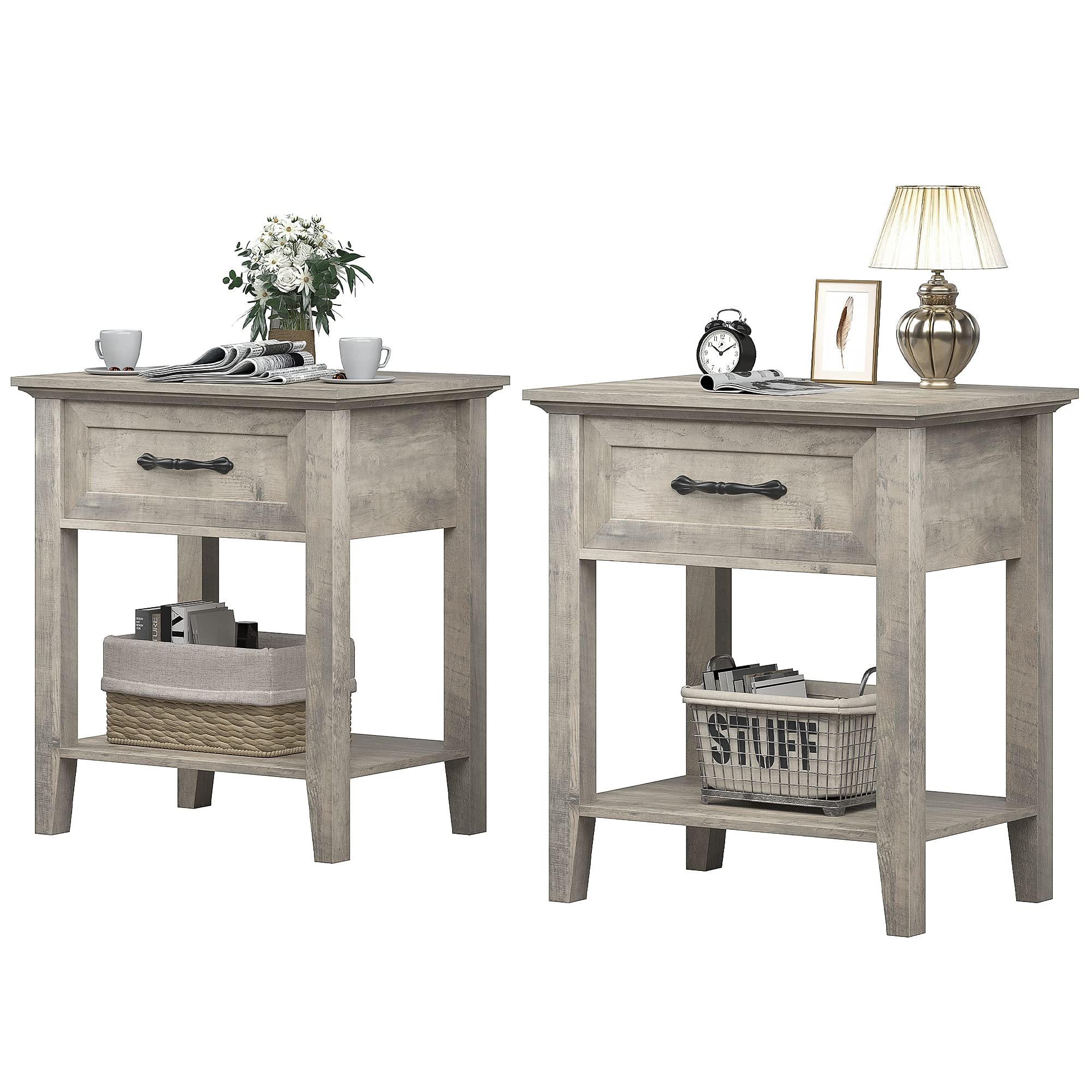DEXSO 2 Pack Gray Nightstands End Table with Storage Drawer and Shelf Wood Modern Side Table for Living Room Bedroom Dorm