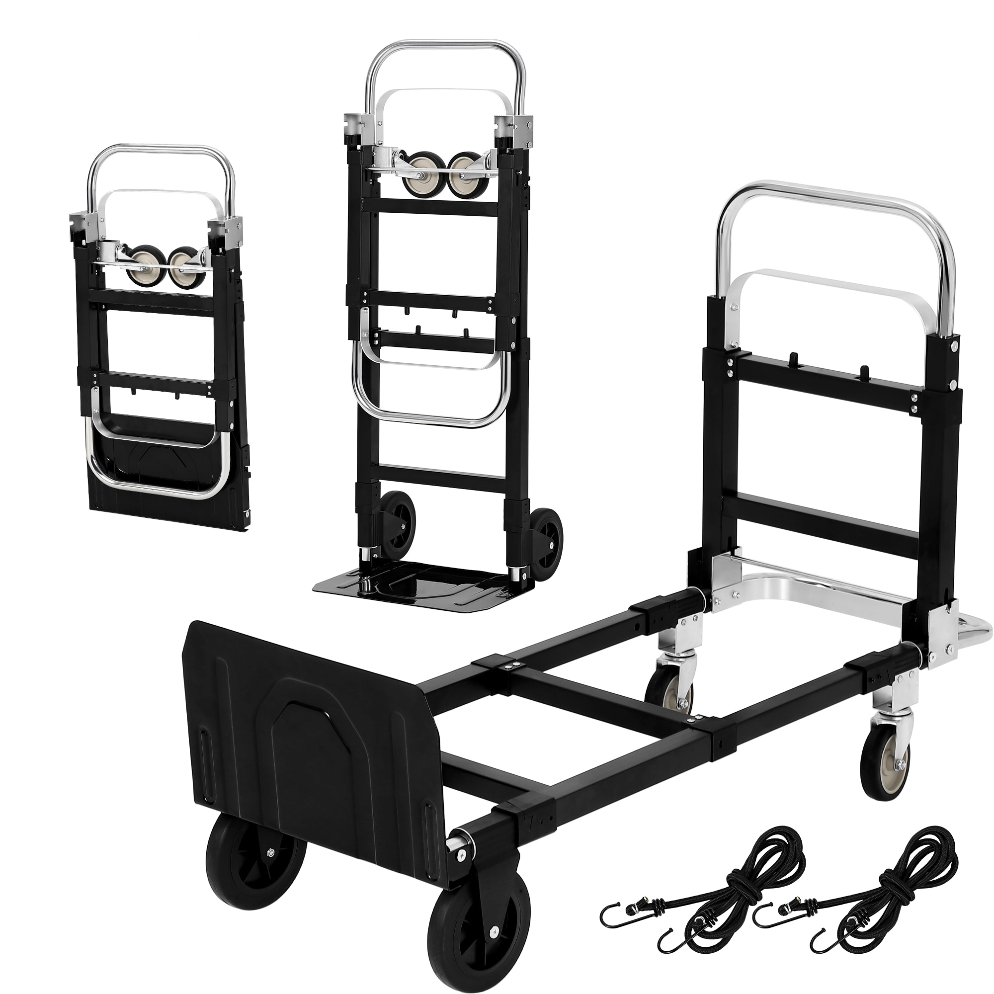 IdealHouse 2 in 1 Convertible Folding Hand Truck Dolly Cart Heavy Duty Carbon Steel Utility Platform 10 Wheels Elastic Straps Collapsible Trolley for Warehouse Office Moving 660 lbs Capacity Unfolded Size 111x41.5x92cm 220kg Load Bearing Includes Two Straps
