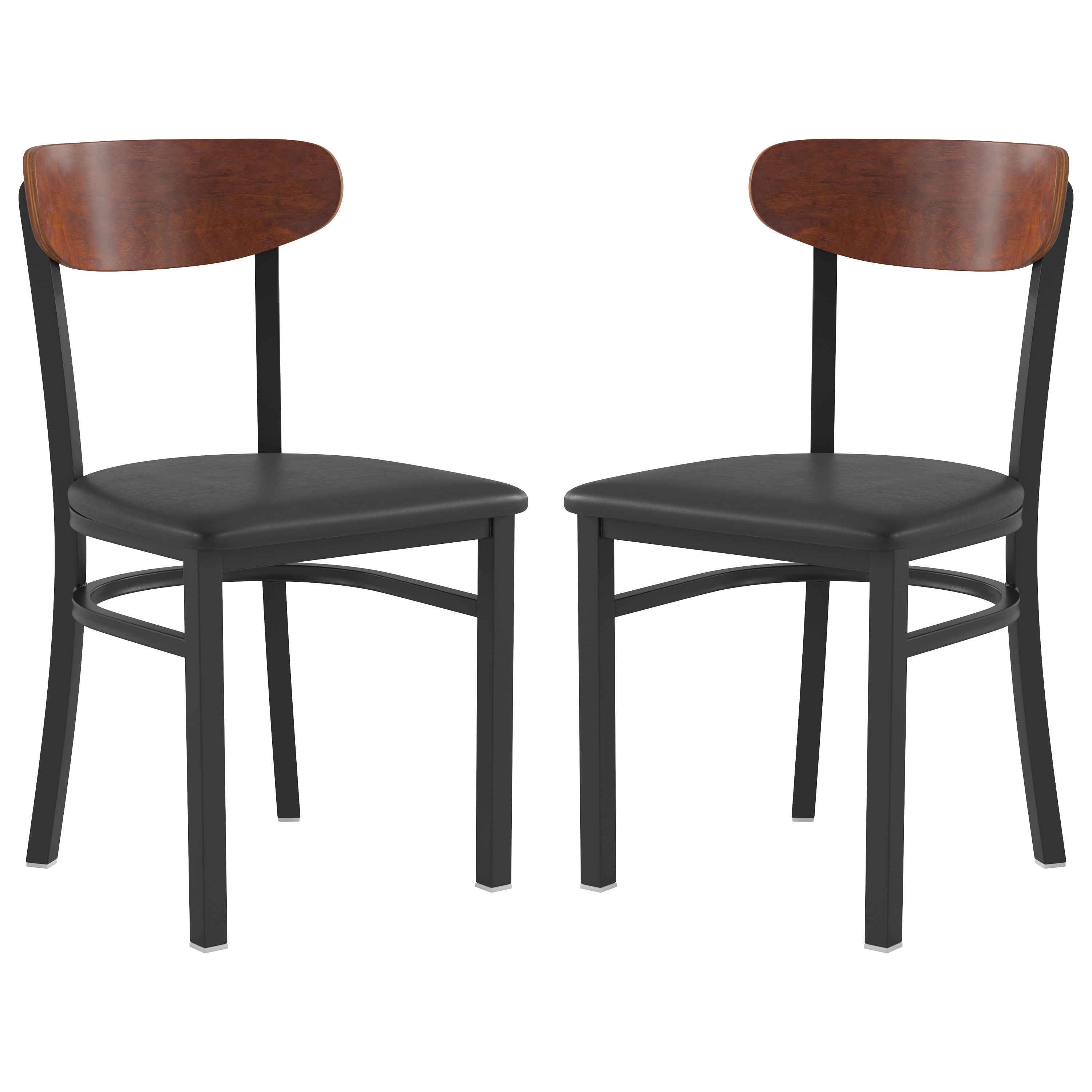 Emma + Oliver 840196378817 Yara Set of Two Industrial Dining Chairs with Black Steel Frame; Black Padded Vinyl Seat and Walnut Finished Wood Backrest