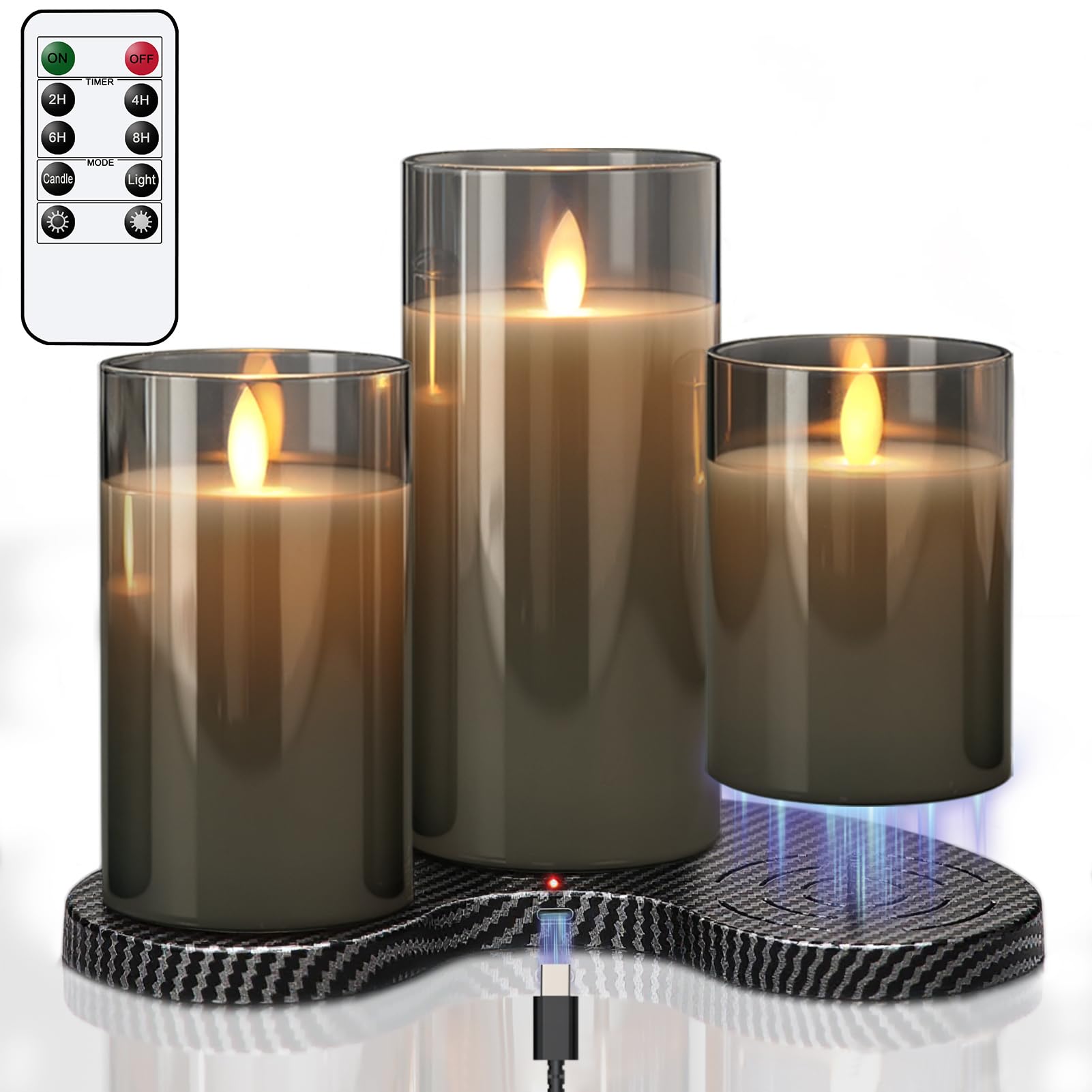 Vrbgify  Glass Flameless Candles with Charging Base Remote Control LED Flickering Pillar Candles Gray for Home Holiday Decor Pack of 3