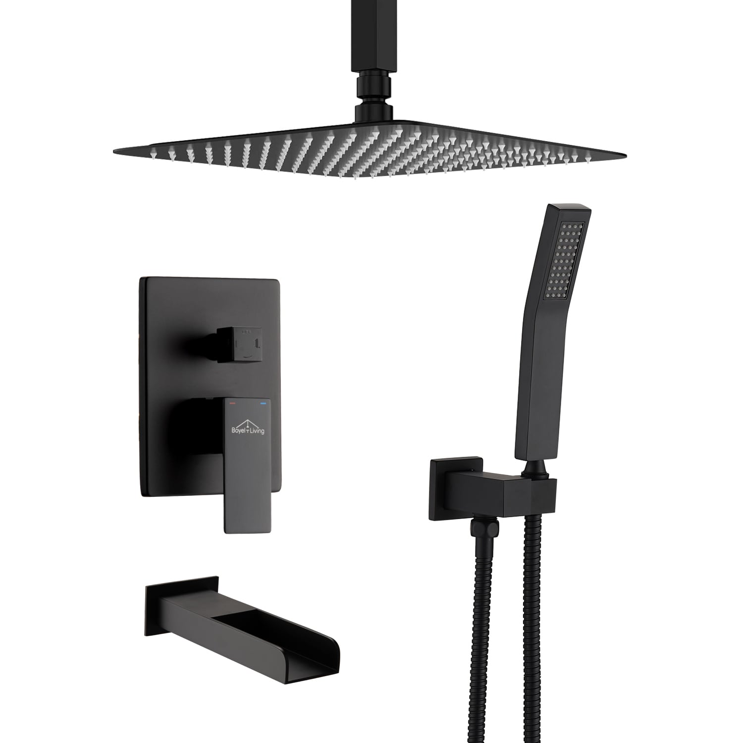 Clihome MS-A3809-12MB Matte Black 12-in Waterfall Dual Head Built-In Shower Faucet System with 3-way Diverter ( Pressure-balanced Valve Included )