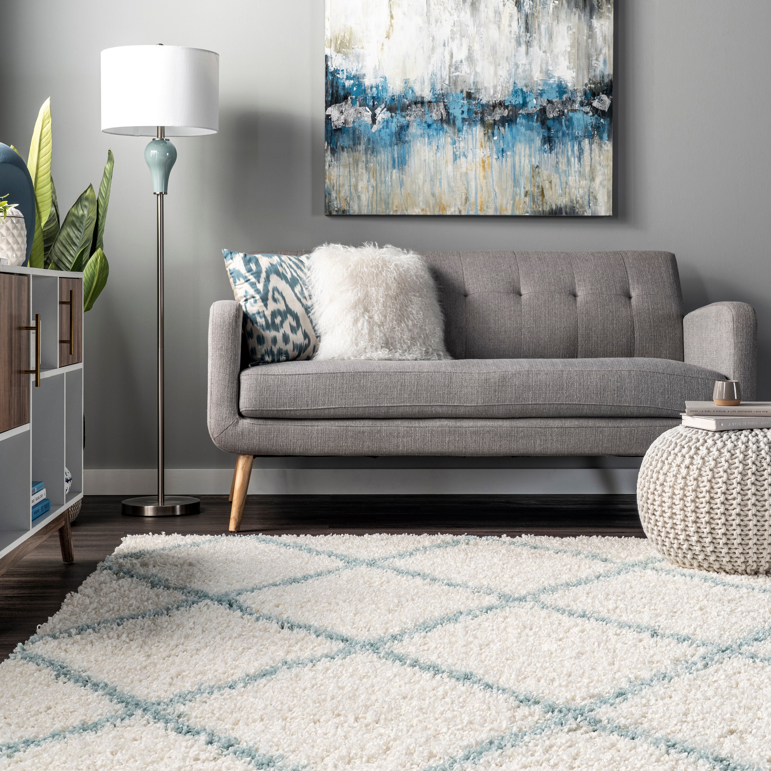 Blue Geometric Shag Oval 4' x 6' Area Rug