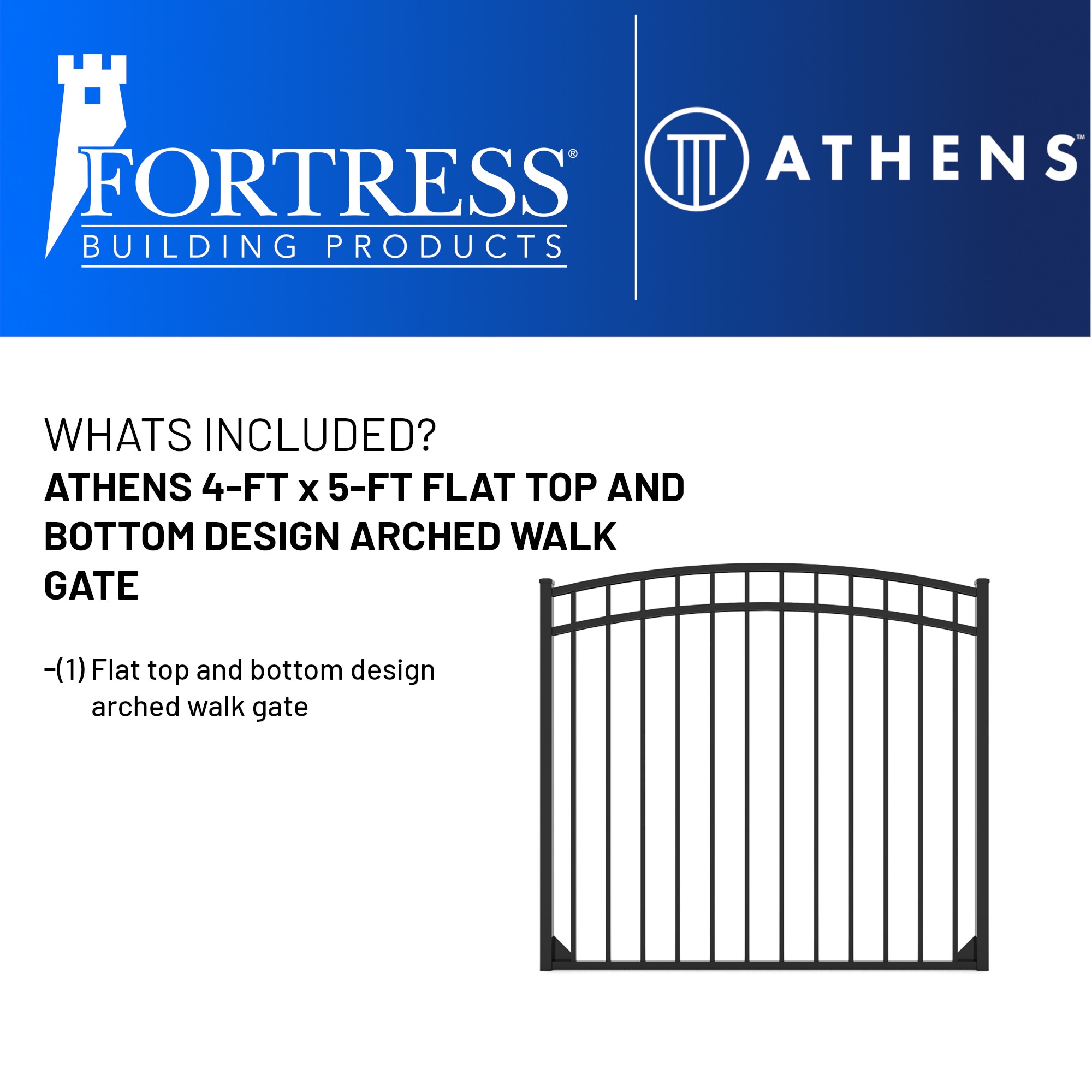 FORTRESS Athens 5 ft. W x 4 ft. H Gloss Black Aluminum Metal Flat Top Design Fence Arched Walk Gate