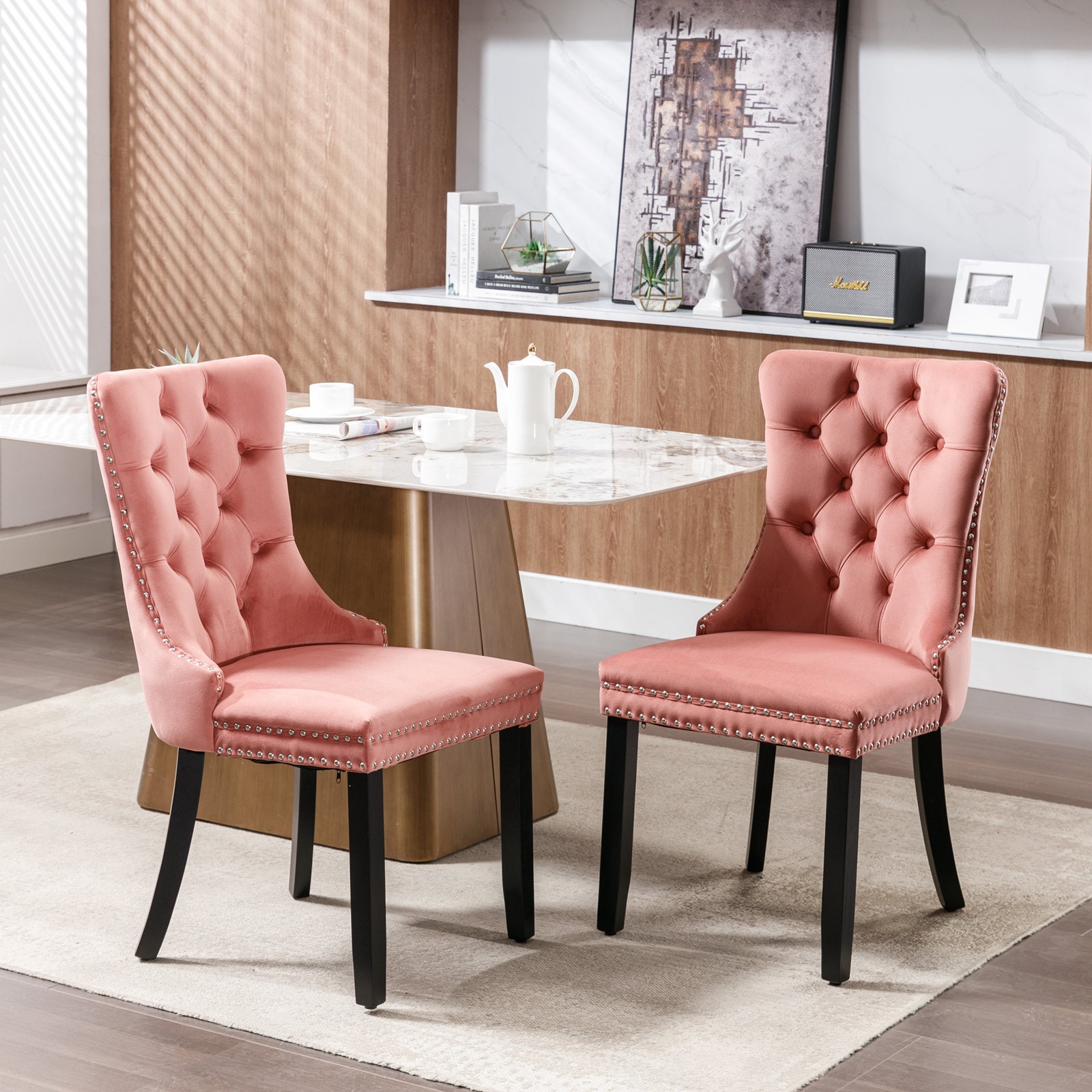 LOVMOR SF-M-W114391508 Modern Highend Tufted Solid Wood Contemporary Velvet Upholstered Dining Chair with Wood Legs Nailhead Trim 2Pcs SetPink