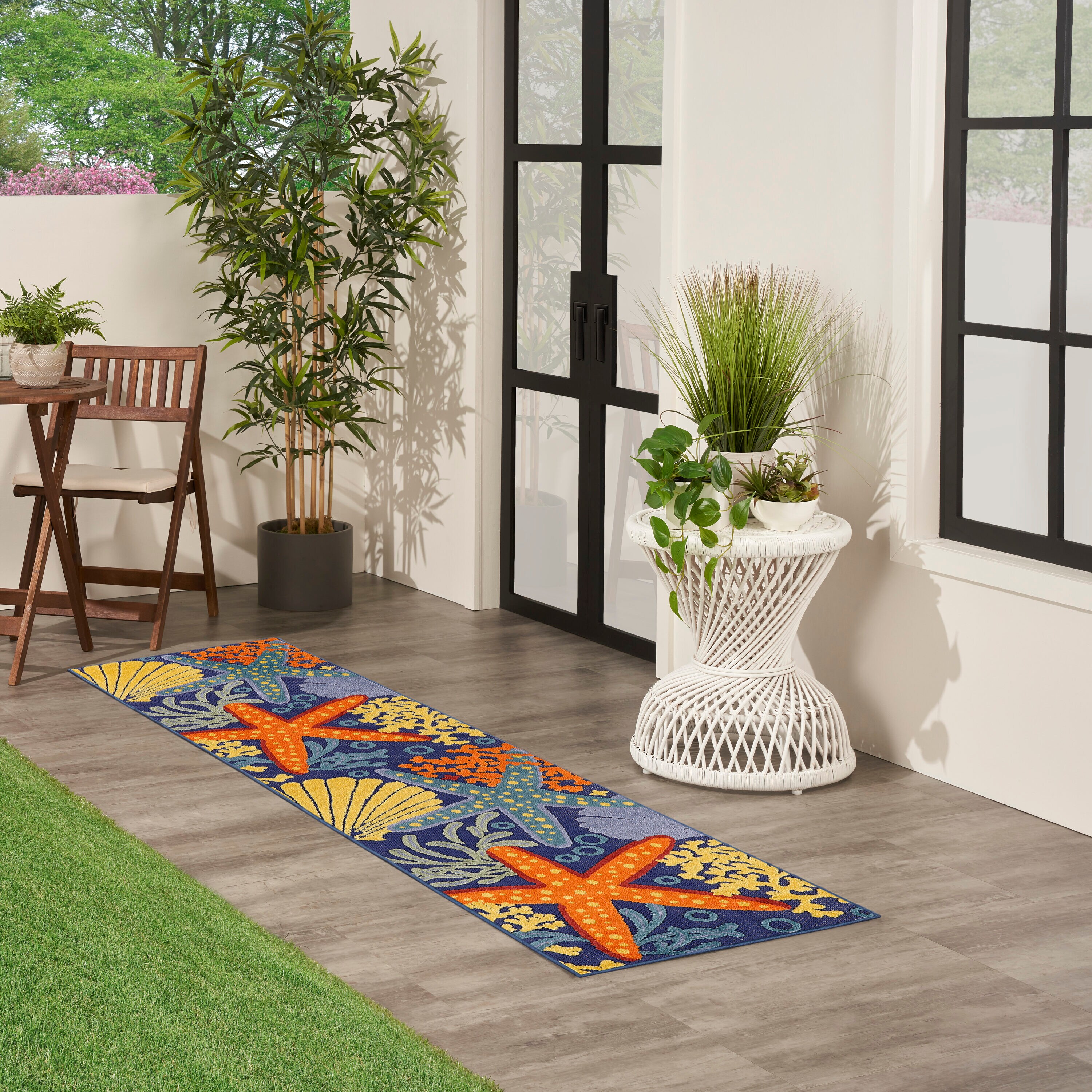 Nourison Home 099446920775 Aloha 2 x 6 (ft) Loomed Polypropylene Navy Multicolor Rectangular Indoor/Outdoor Floral/Botanical Tropical Runner rug