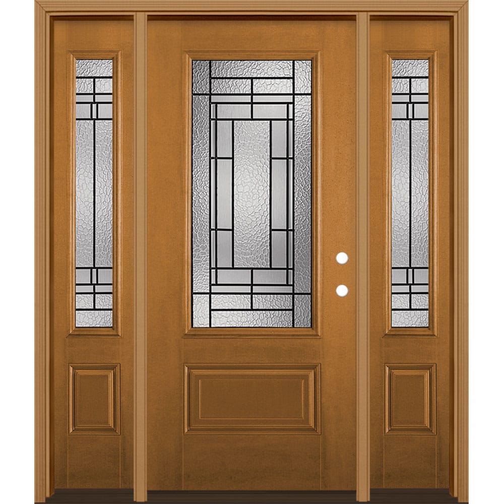 Masonite 1328133 Pembrook 64-in x 80-in Fiberglass 3/4 Lite Left-Hand Inswing Oakcrest Stained Prehung Single Front Door with Sidelights with Brickmould Insulating Core