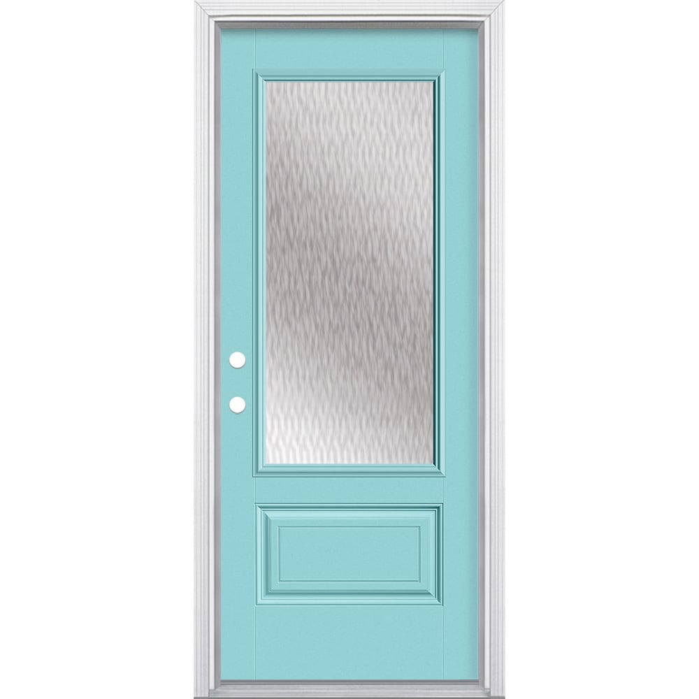 Masonite 628242 Double Water Textured Glass 32-in x 80-in x 4-9/16-in Fiberglass 3/4 lite Right-hand inswing Caribbean Blue Painted Prehung Front Door with Brickmould Insulating core