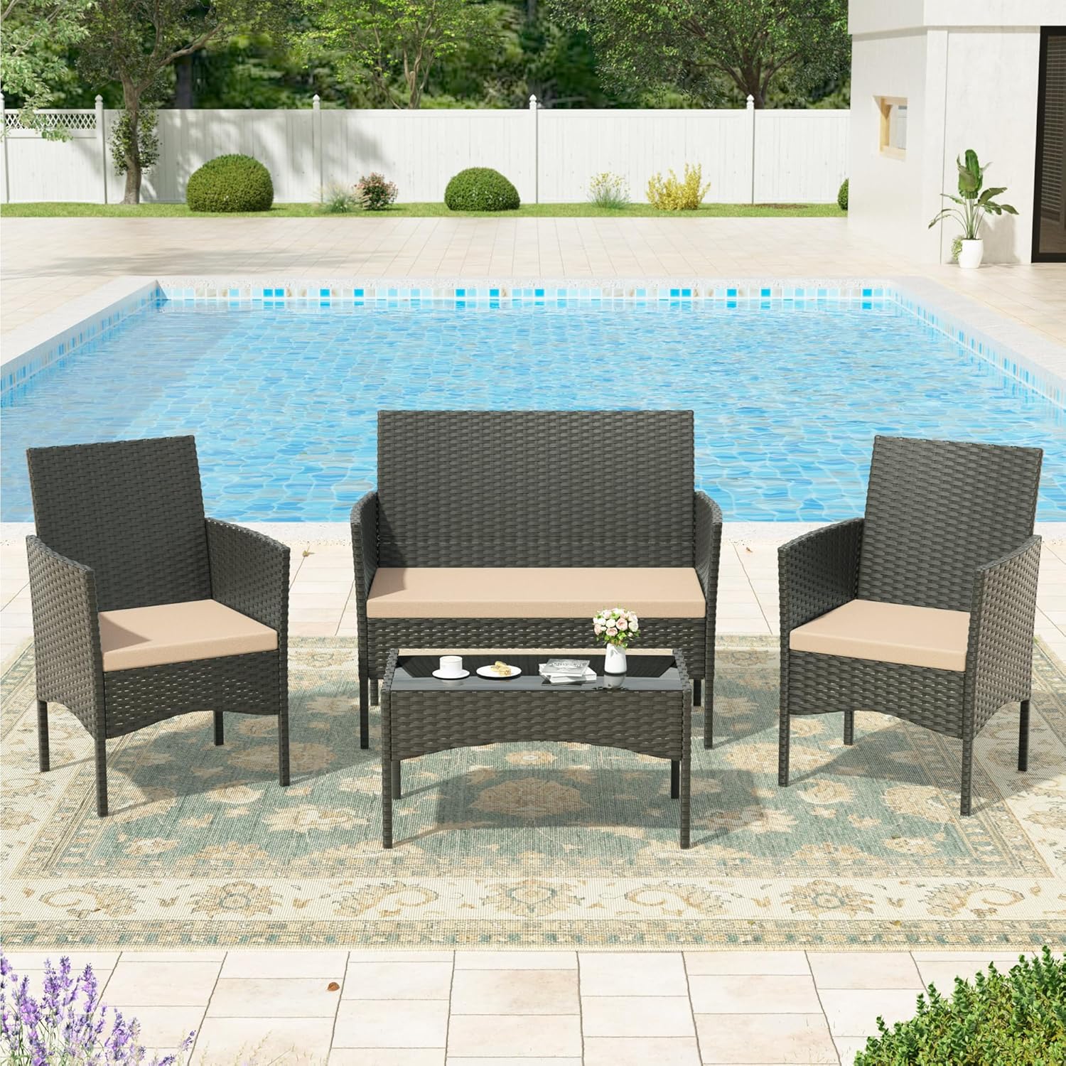 ALAULM LS-630-SJT-SAND 4 -Piece Wicker 2 Patio Sofa Conversation Set with Brown Cushions