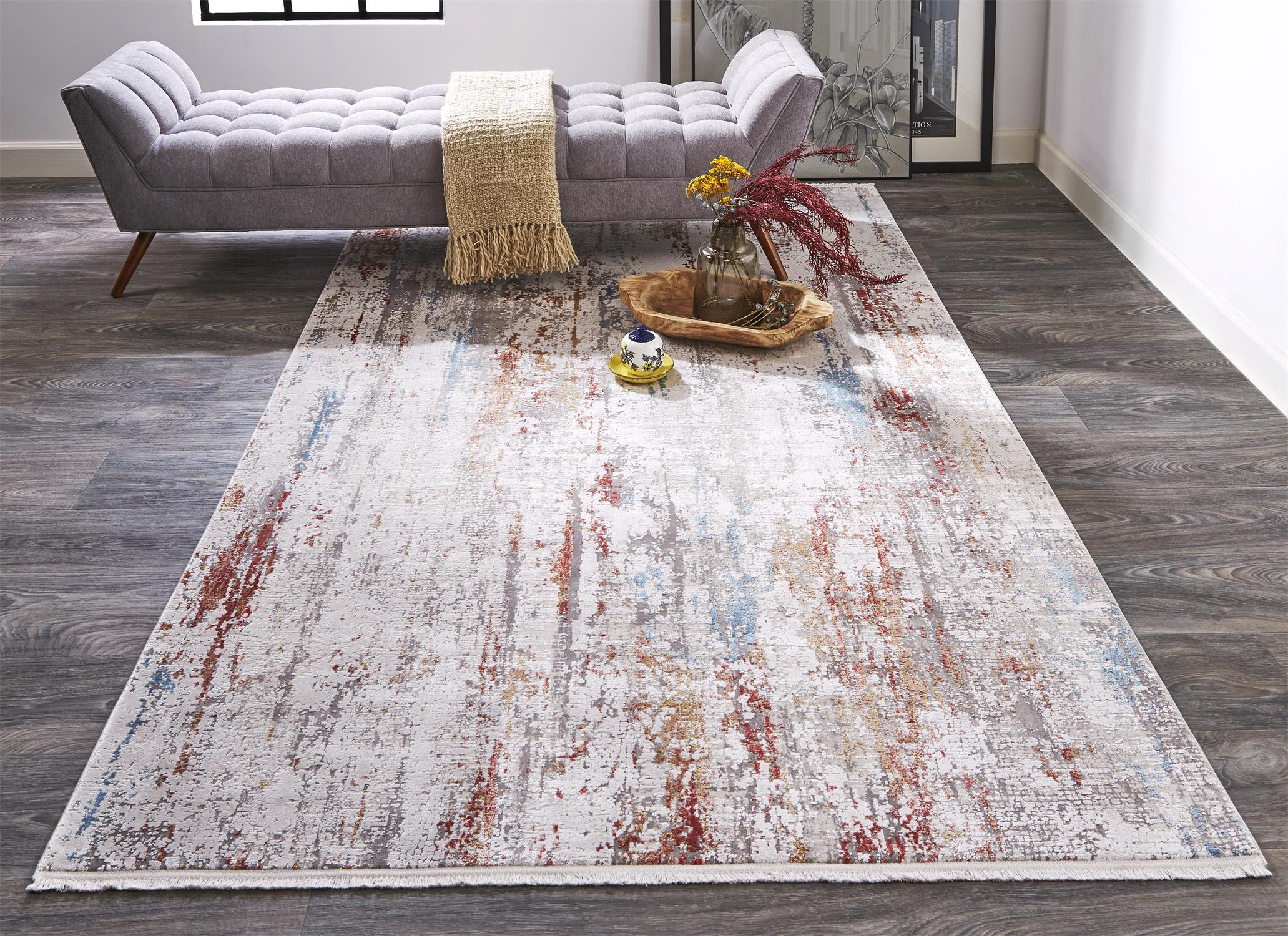 Room Envy 866R3903IVYMLTE30 Lindstra 5 x 8 Viscose Vapor Gray/Chili Pepper Red Indoor Abstract Mid-century Modern Area Rug